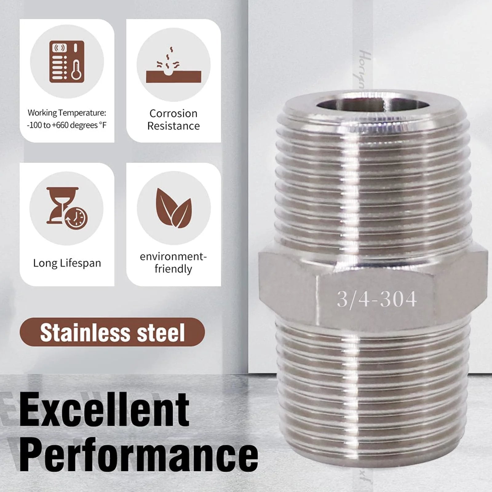 Stainless Steel 304 NPT Three Quarter Inch Hex Pipe Fitting next to product features, showing heavy duty 3000 PSI male thread adapter.