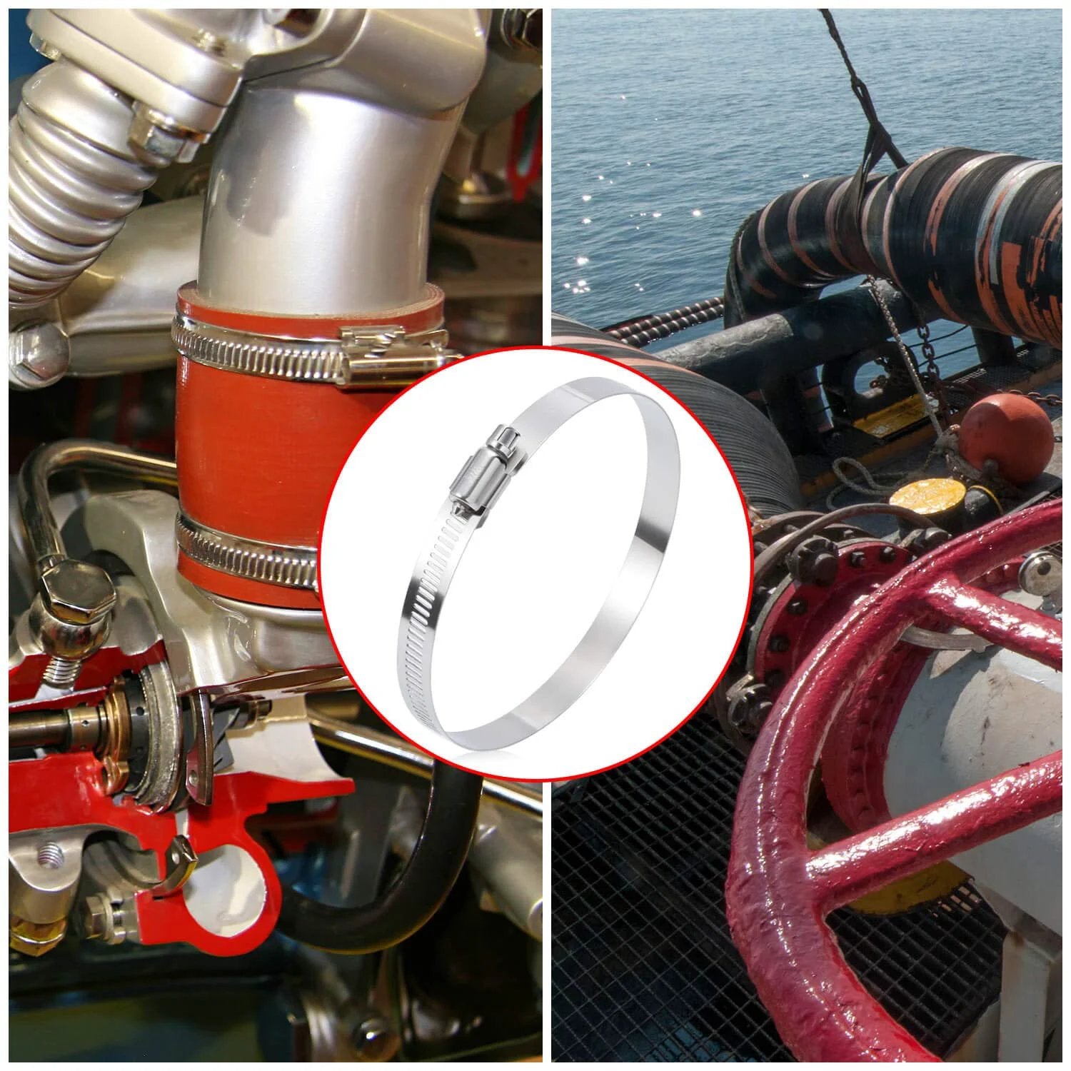 12 Piece Stainless Steel Hose Clamp Kit For Plumbing Automotive And Mechanical Use Selizo 304 Stainless Worm Gear Adjustable Clamps Size 91 To 114 Millimeters 3.6 To 4.4 Inches 4 Inch Range Go To Heavy Duty Fuel Line Duct Clamp Set with installed view on pipes and machinery.