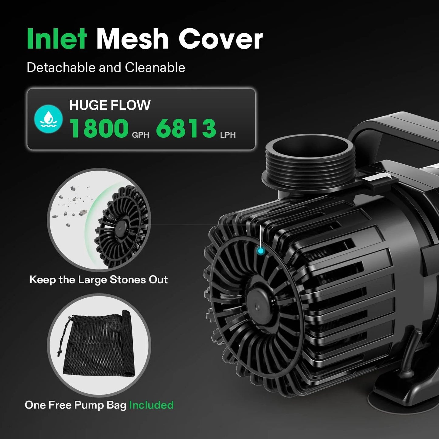 Close-up of All-Purpose Submersible Pond Pump 1800 GPH, 100W showing inlet mesh cover and included pump bag