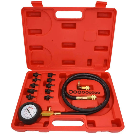 All In One Engine Oil Pressure Tester Kit 0 To 140 PSI Gauge for Cars ATVs and Trucks with adapters in red case
