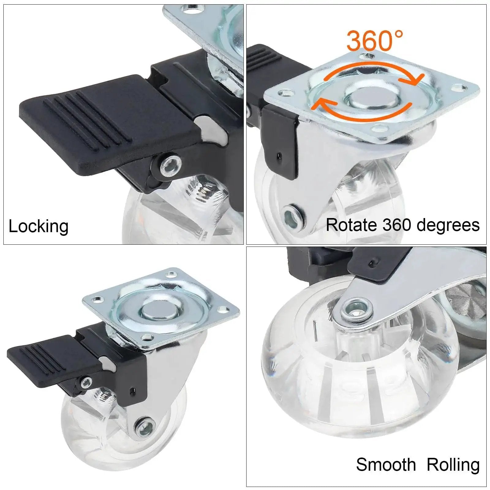 Crystal Clear 2 Inch Caster Wheels Set Of 8 With Brakes For Carts Cabinets Dressers And Benches 360 Degree Top Plate No Noise Locking Casters Heavy Duty PU Wheels