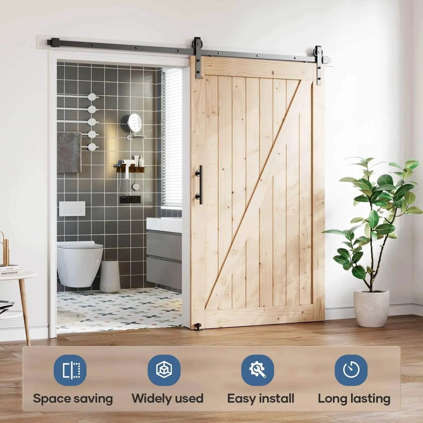 8 Foot Sliding Barn Door Hardware Track Kit With Black Wall Mount And Handle Big Industrial Spoke Wheel Pulley Smooth Quiet Glide Easy Install 96 Inch Track Fits 44 To 46 Inch Openings No Door Included installed in bathroom.