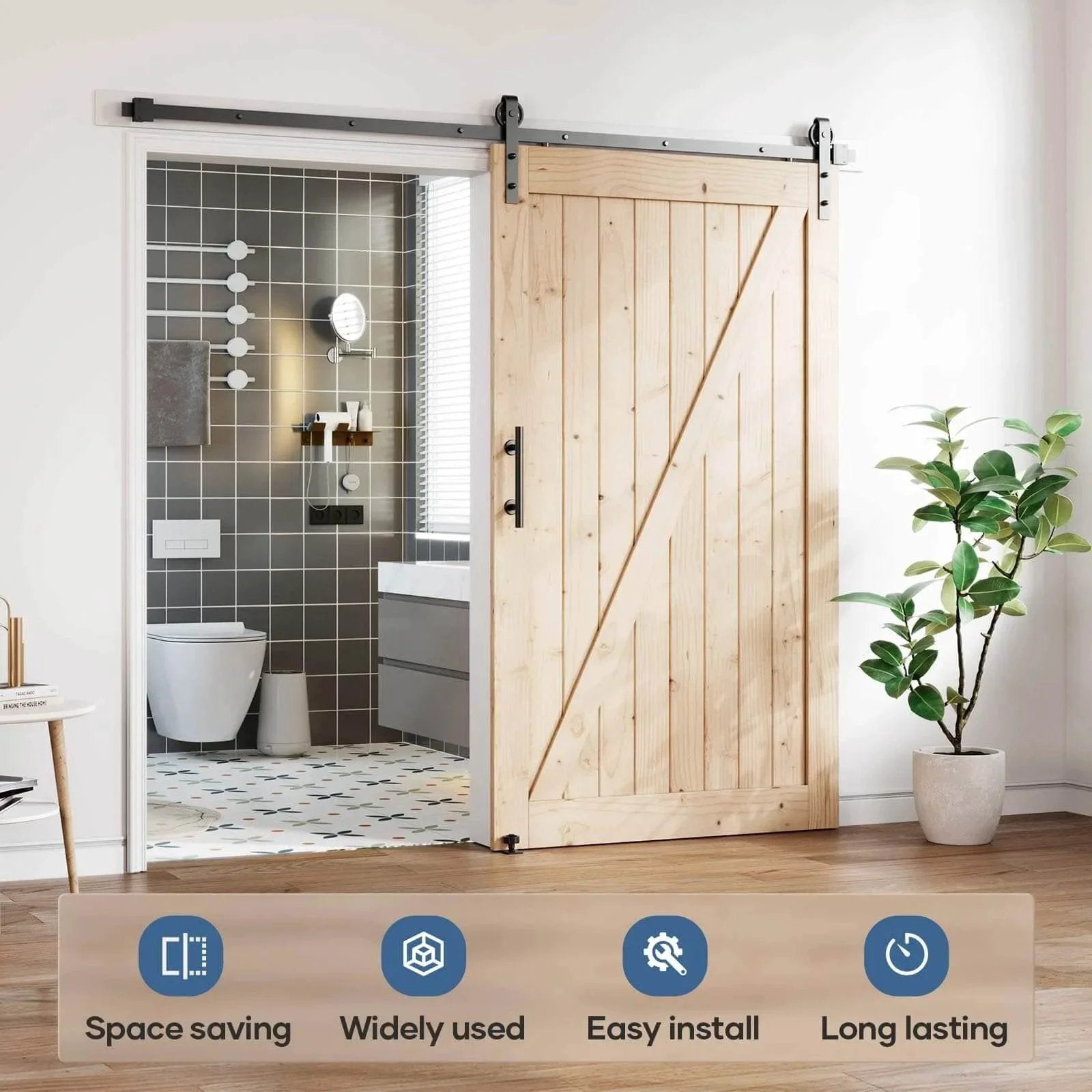 8 Foot Sliding Barn Door Hardware Track Kit With Black Wall Mount And Handle Big Industrial Spoke Wheel Pulley Smooth Quiet Glide Easy Install 96 Inch Track Fits 44 To 46 Inch Openings No Door Included installed in bathroom.