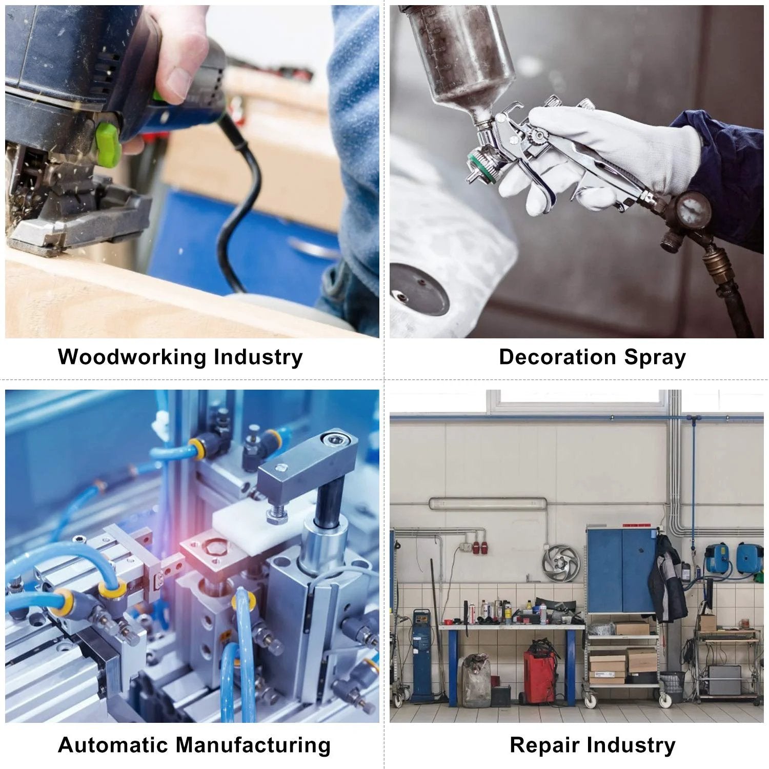 Collage of industrial applications: woodworking, spray decoration, automated manufacturing, and repair workshop setup.