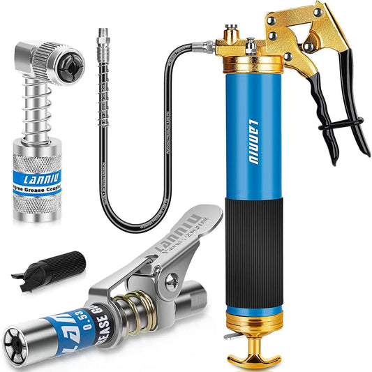 Heavy Duty 8000 PSI Pistol Grip Grease Gun Kit With 14 Oz Capacity 0.53 Inch Coupler And 90 Degree Adapter 18 Inch Hose