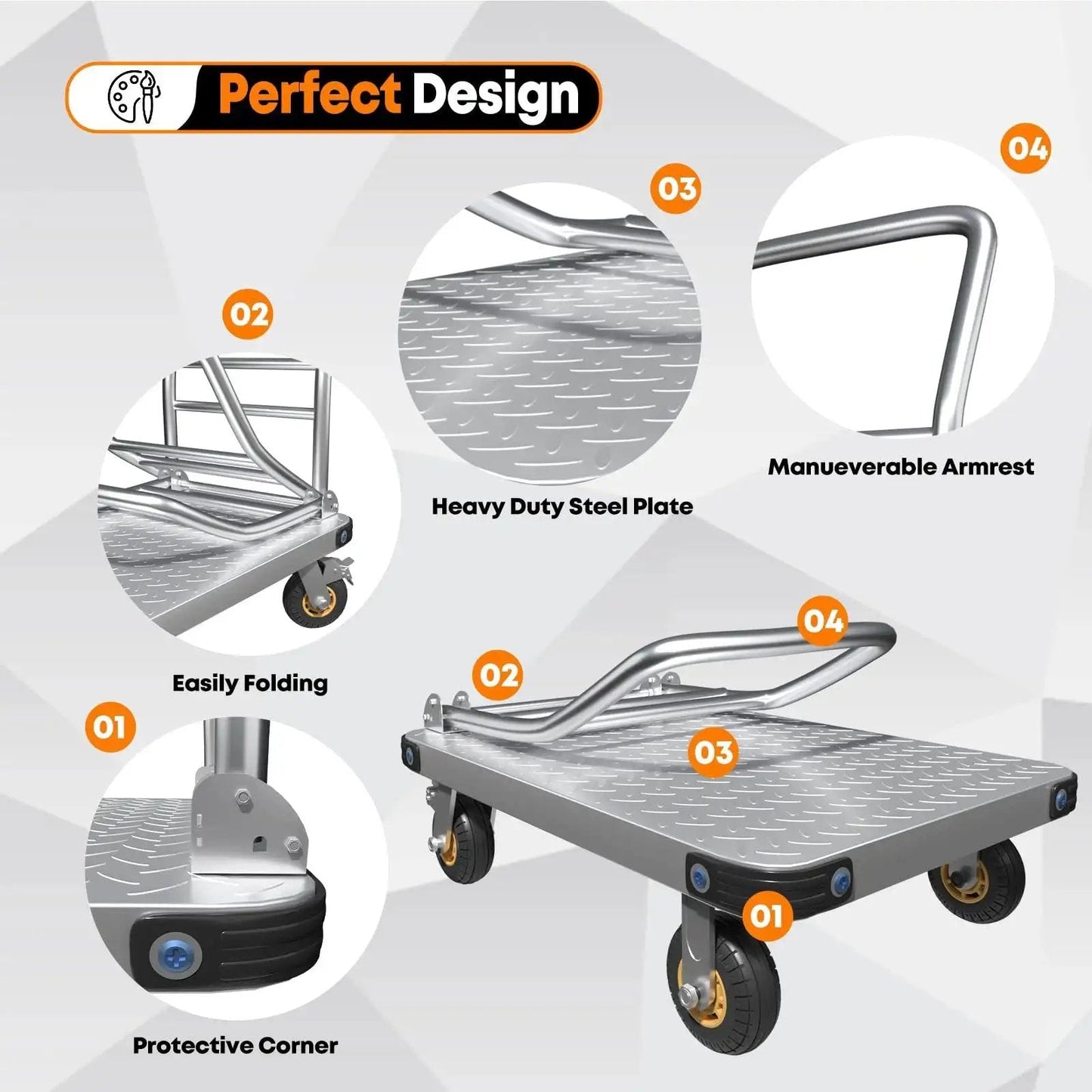 Heavy Duty Platform Truck And Flat Moving Cart With 2000 Lbs Capacity Steel Push Cart Dolly 36 By 24 Inch Flatbed 5 Inch Swivel Caster Wheels Brake Design features