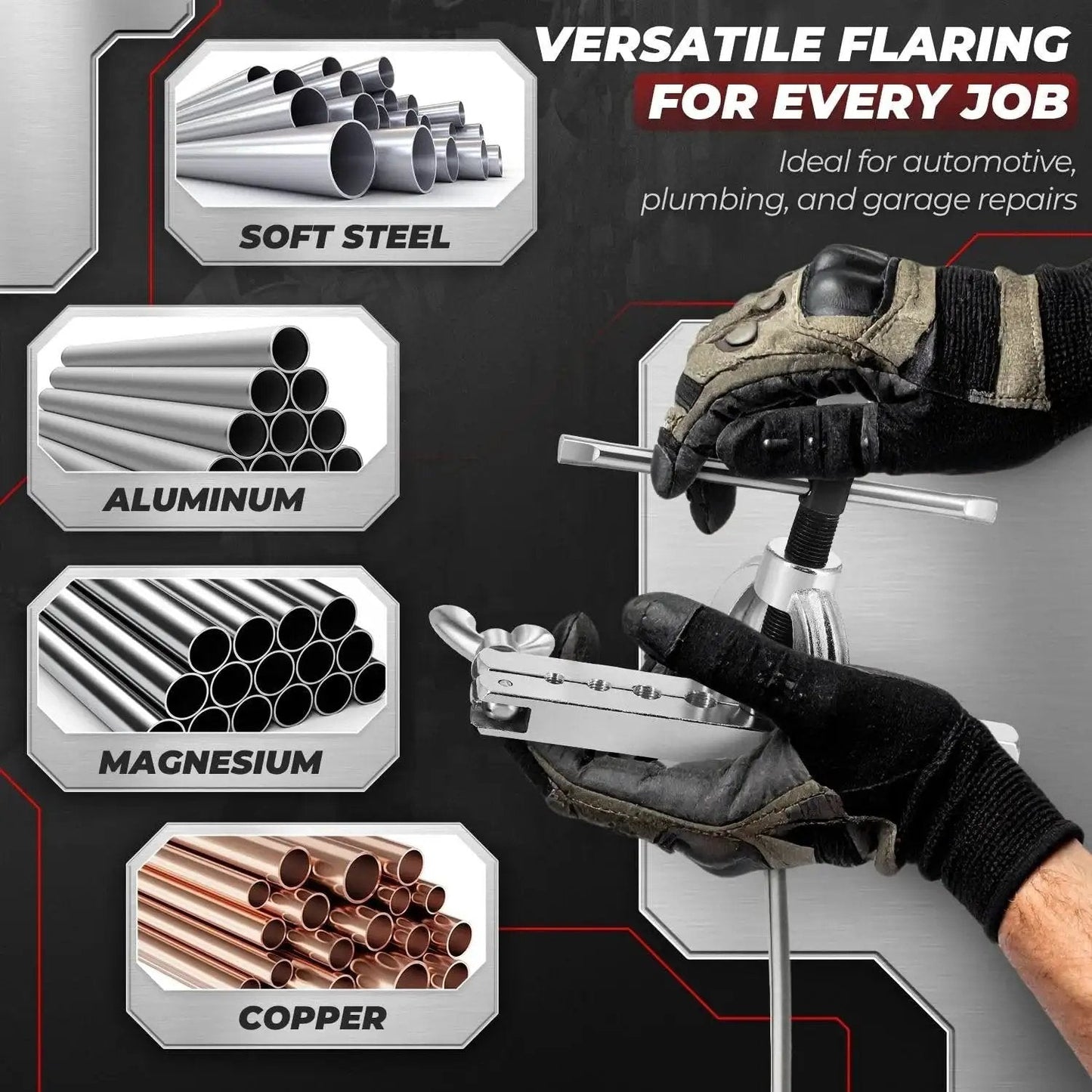 Gloved hand using Brake Line Flare Tool Kit Cutter 45 Flare Single and Double 1/8 to 5/8 Tubing on soft metal tubes