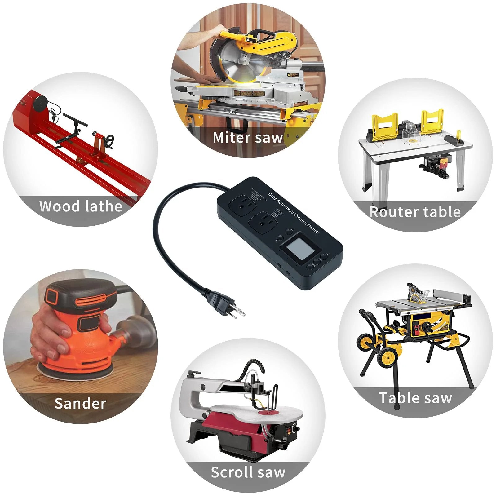 Automatic Vacuum Switch for Power Tools with Auto On Off Function, Ortis Dust Control Autoswitch shown with various tools