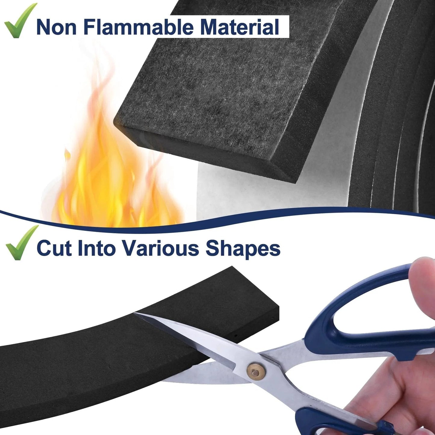 66Ft Self Adhesive EVA Foam Weather Stripping Tape For Doors And Windows, Half Inch By One Eighth Inch being cut with scissors