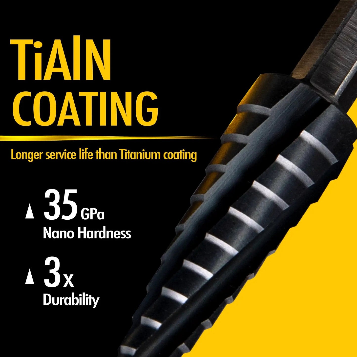 Close-up of Four Spiral Flute Cobalt Step Drill Bit For Metal And Plastic showing TiAlN coating and durability specs.