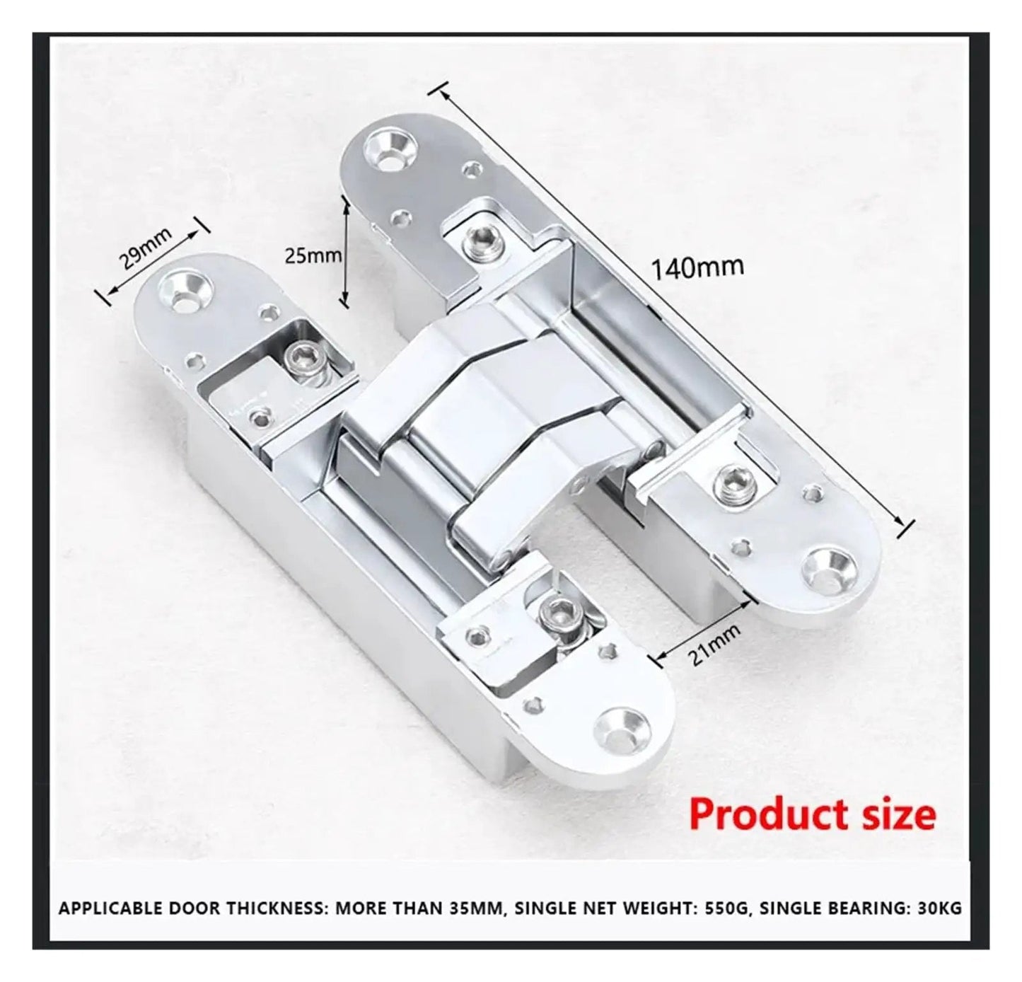 Ultra Smooth Ball Bearing Door Hinge Set For Invisible Hidden Doors 180 Degree Hinge With Folding Capability And Three Dimensional Adjustable Cross Mount Silver Noiseless Quiet Operation For Interior And Exterior Use, displayed with dimensions and weight details.