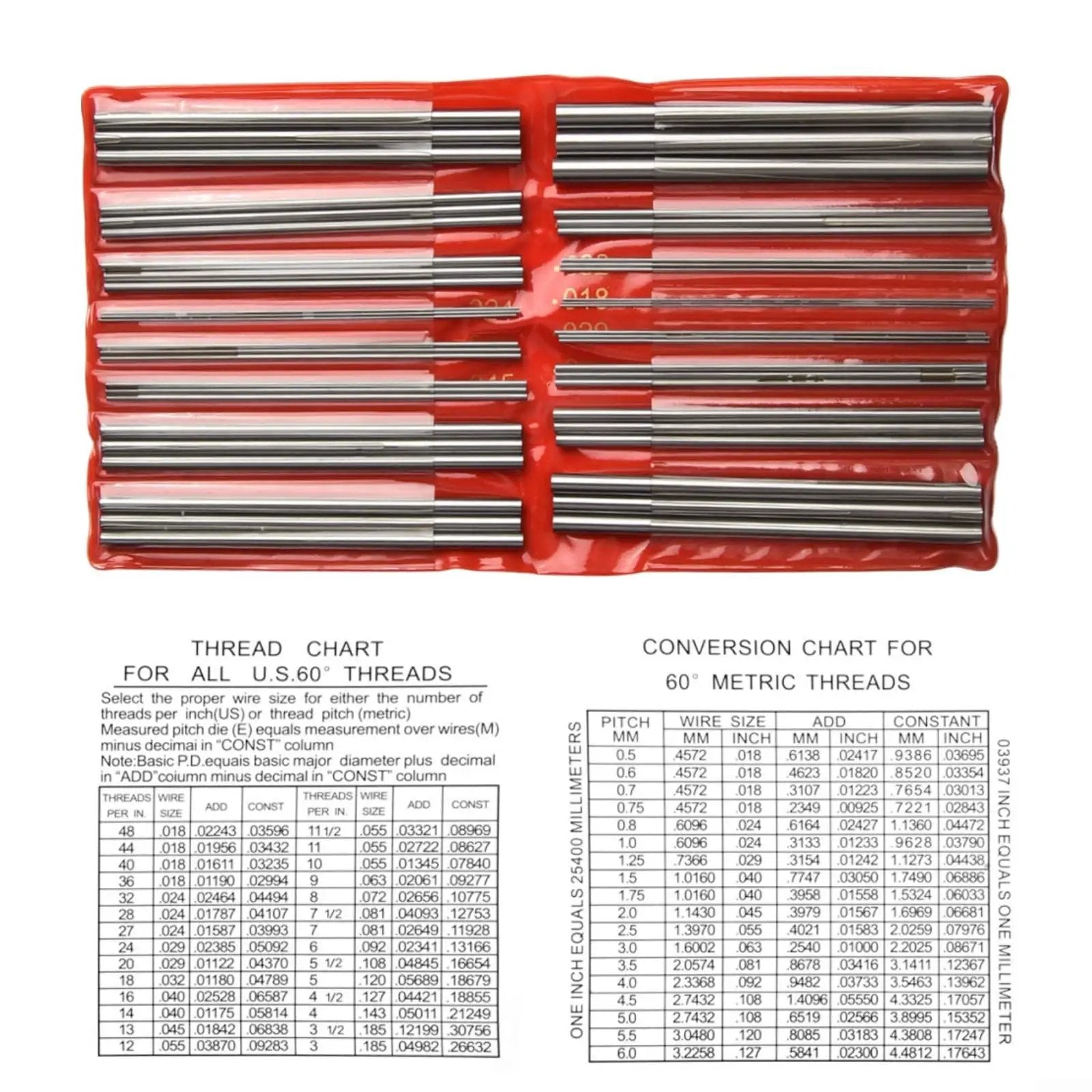 Must Have Three Wire External Thread Measuring Set Stainless Steel 48 Piece With 16 Diameter Sizes 0.5 to 6 mm Metric And 3 to 48 TPI Imperial For Accurate Wire Reading And Easy Conversion, laid out with thread charts.