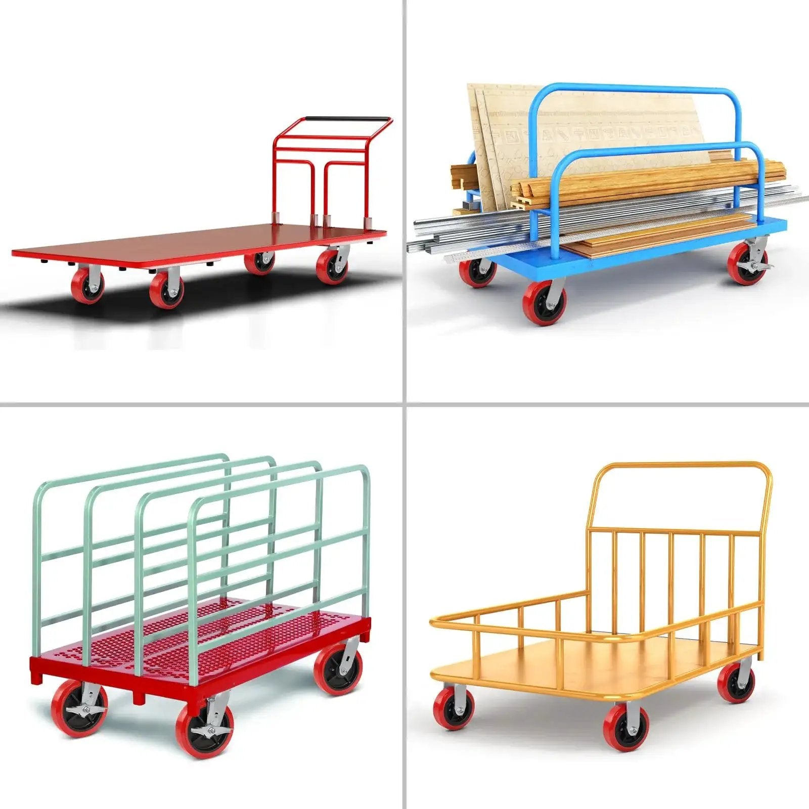 Four industrial carts with red polyurethane caster wheels, different designs including flatbed and railings, illustrating diverse uses.