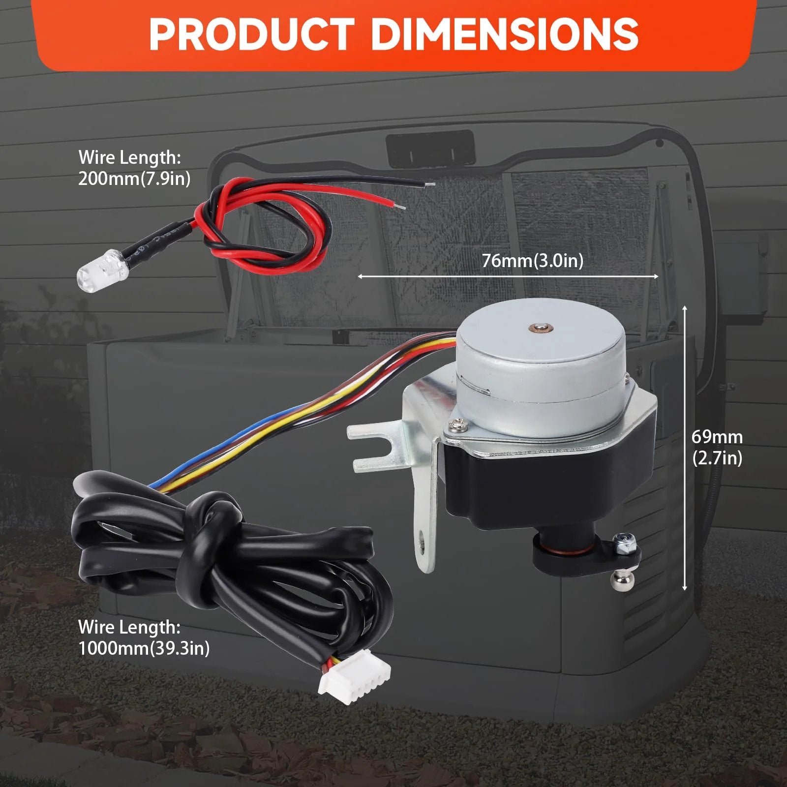 Dialed In Stepper Motor Assembly dimensions for Generac Guardian GTH990 HSB Generators with wires visible.