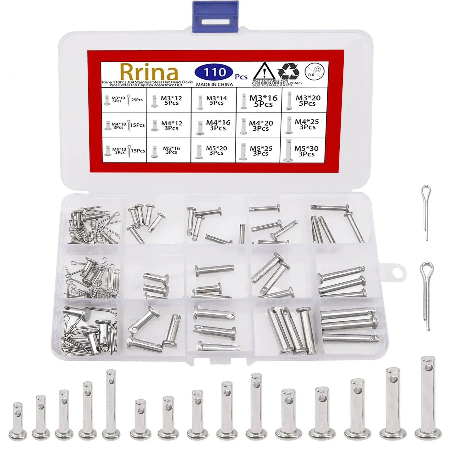All Purpose 110Pcs 304 Stainless Steel Clevis Pins And Cotter Clip Kit For Link Hinges And T Shape Pins Flat Head Round Pins In M3 To M5 Assorted Sizes Rust Resistant For Indoor And Outdoor Use Rrina