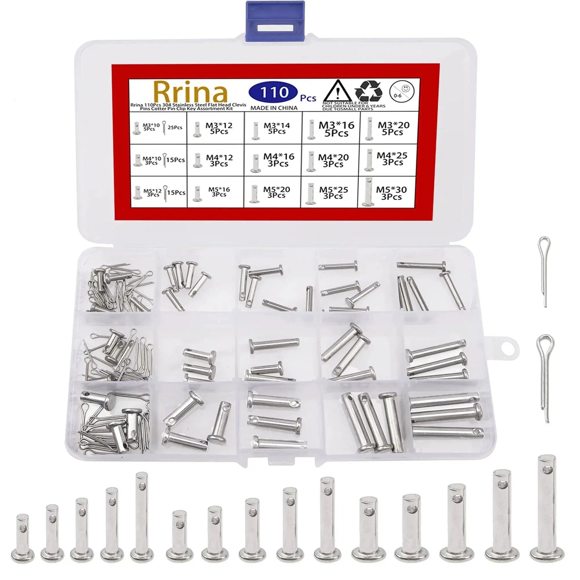 All Purpose 110Pcs 304 Stainless Steel Clevis Pins And Cotter Clip Kit For Link Hinges And T Shape Pins Flat Head Round Pins In M3 To M5 Assorted Sizes Rust Resistant For Indoor And Outdoor Use Rrina