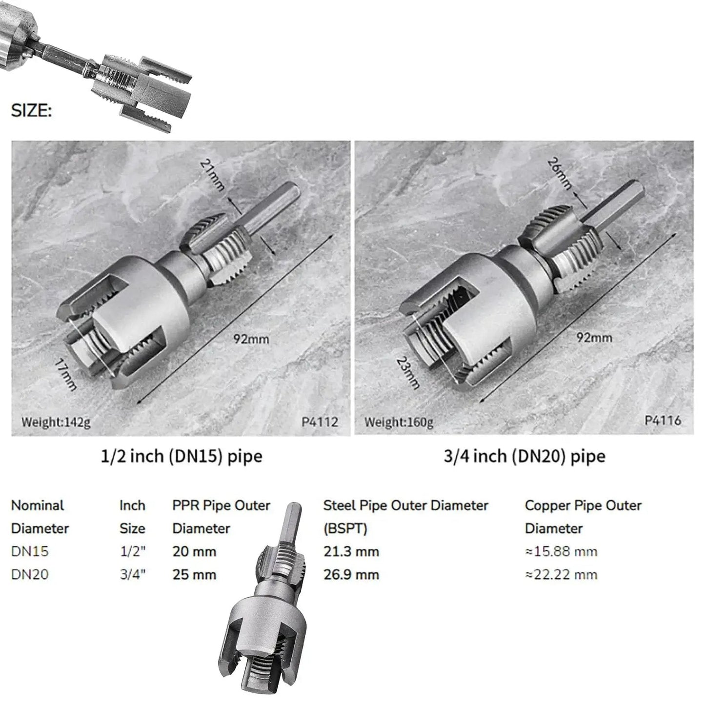 4 In 1 Water Pipe Wrench With Integrated Internal And External Threading, Pipe Tapping And PVC Threader For 1/2 Inch And 3/4 Inch Pipes shown in size comparison