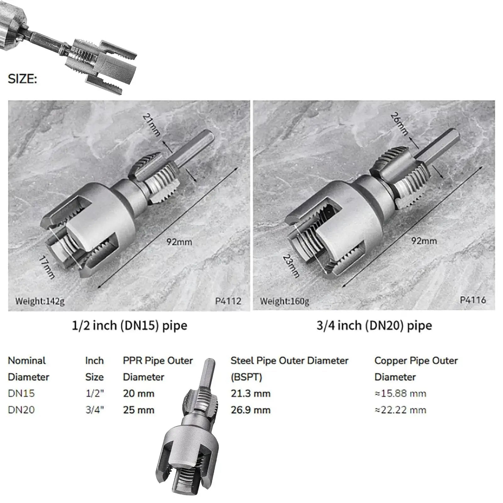 4 In 1 Water Pipe Wrench With Integrated Internal And External Threading, Pipe Tapping And PVC Threader For 1/2 Inch And 3/4 Inch Pipes shown in size comparison