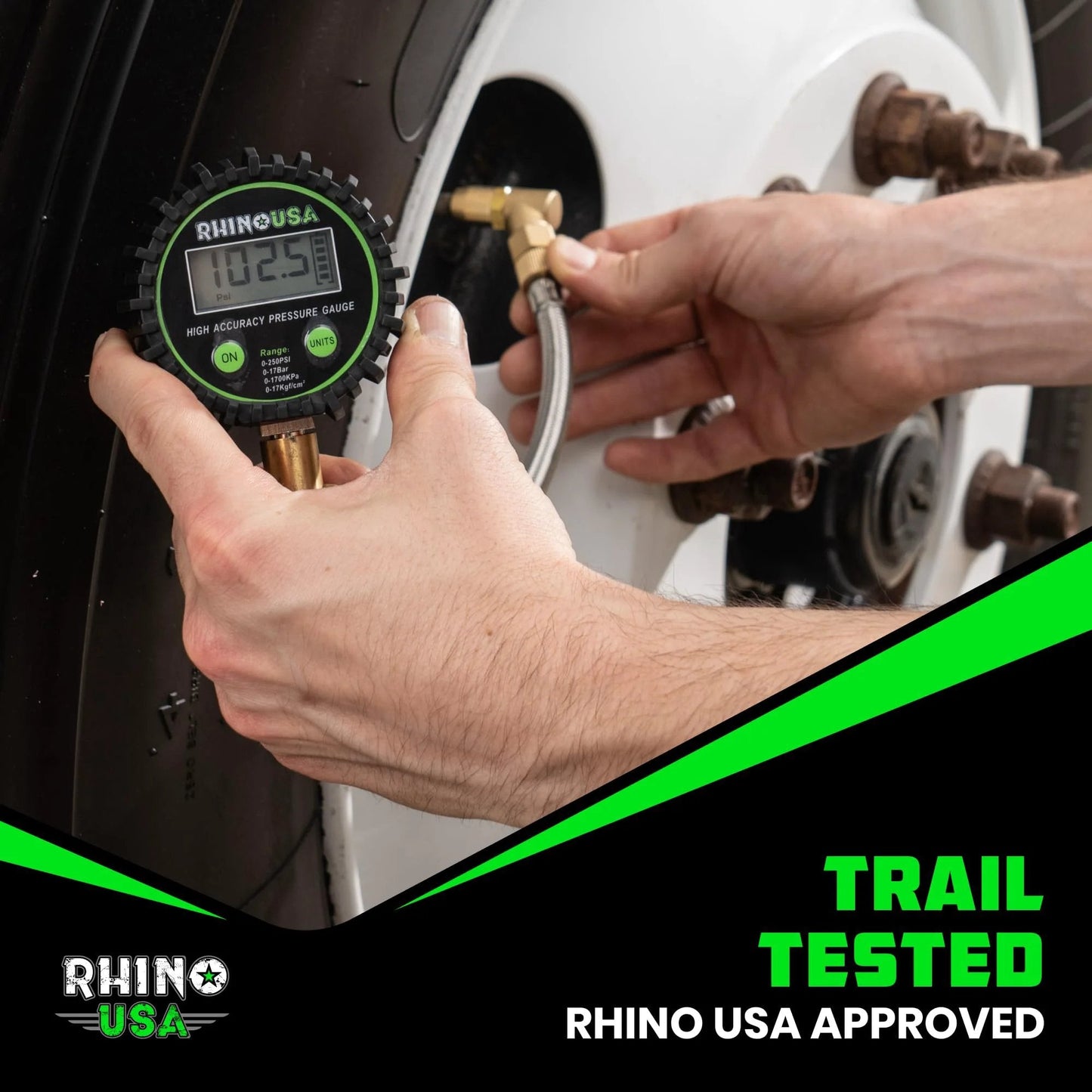 Ultimate Tire Pressure Gauge With Glow Dial And Premium Braided Hose 0-250 Psi ANSI B40.7 Accurate Heavy Duty Air Chuck Brass Swivel Head Bleeder Valve For Trucks Cars Semis RVs And More American Owned in use on a vehicle tire