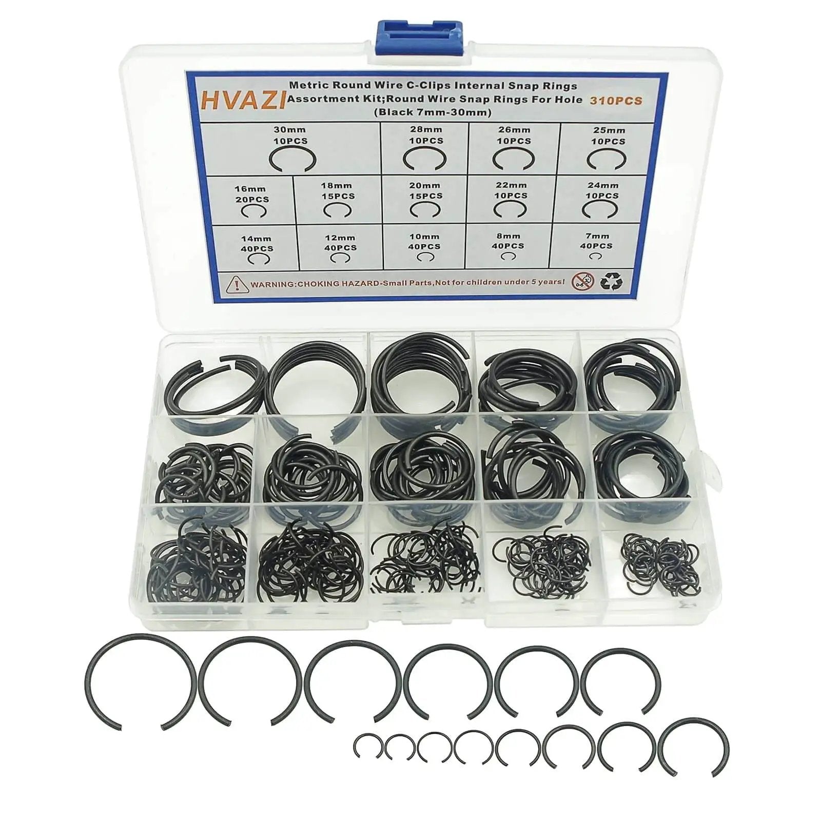 Pro Grade 310-Piece Round Wire C Clip Snap Ring Set in carbon spring steel, 14 sizes for holes 7mm to 30mm, in clear box