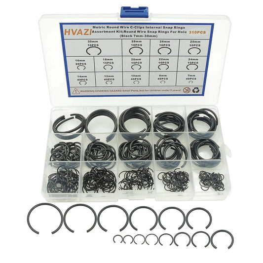 Pro Grade 310-Piece Round Wire C Clip Snap Ring Set in carbon spring steel, 14 sizes for holes 7mm to 30mm, in clear box