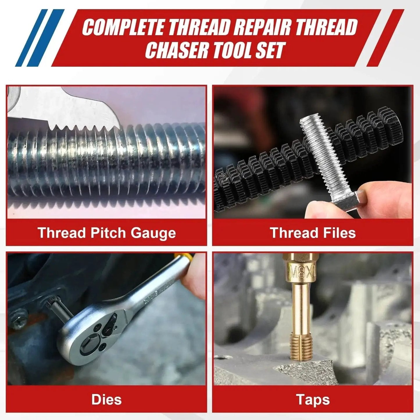 61 Pcs Thread Repair Kit With UNC UNF Metric Chasers Taps Dies And Pitch Gauge showcasing thread gauge, files, taps, and dies.