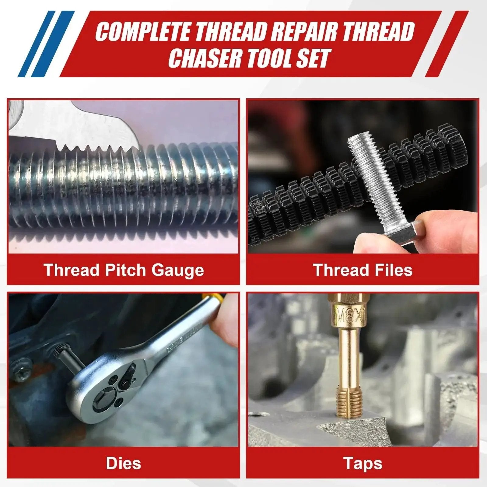 61 Pcs Thread Repair Kit With UNC UNF Metric Chasers Taps Dies And Pitch Gauge showcasing thread gauge, files, taps, and dies.