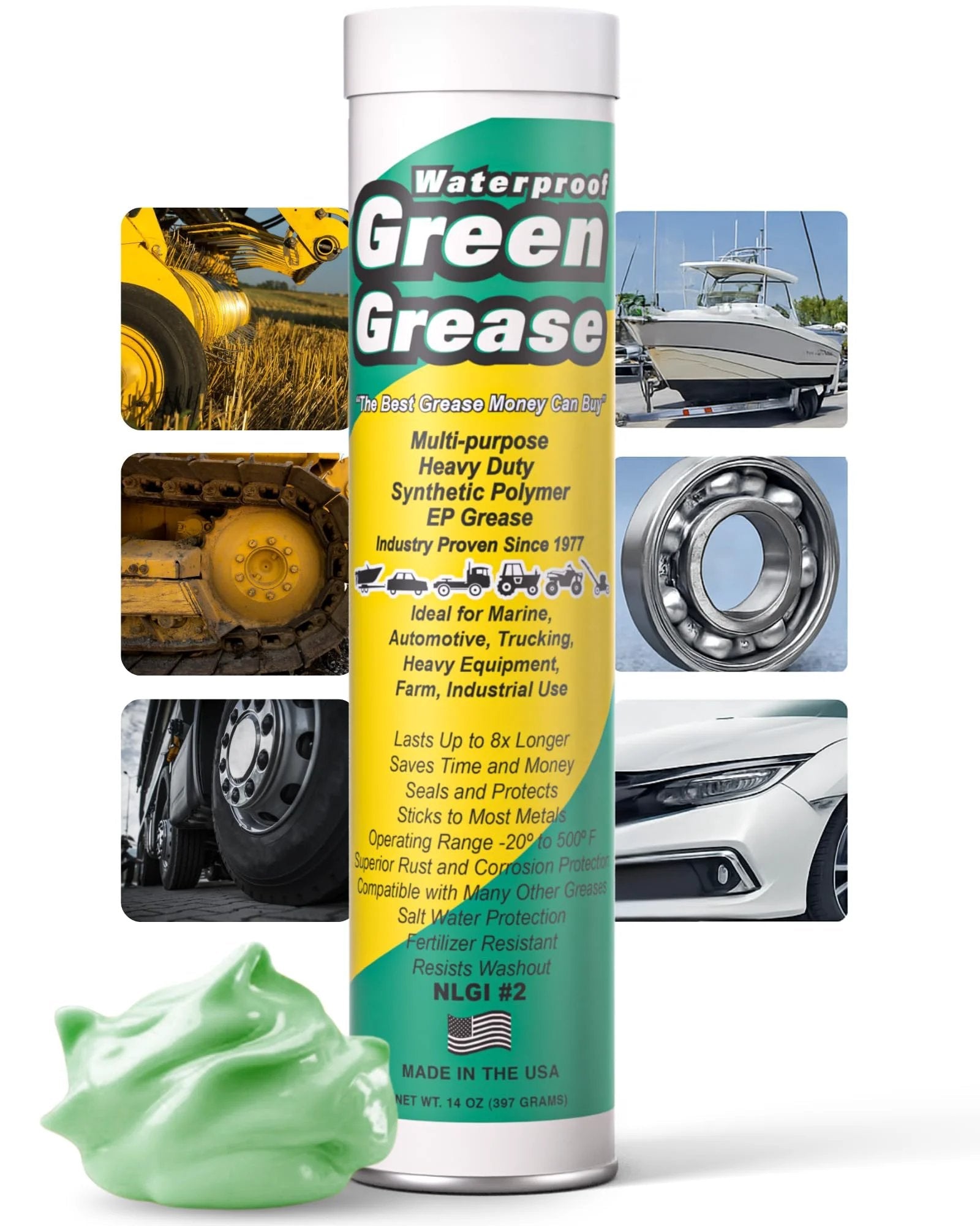 All Purpose Heavy Duty Green Grease Tube 14 Ounce NLGI 2 High Temperature Waterproof Marine Grade Rust Resistant Wheel Bearing Lubricant tube with images of vehicles
