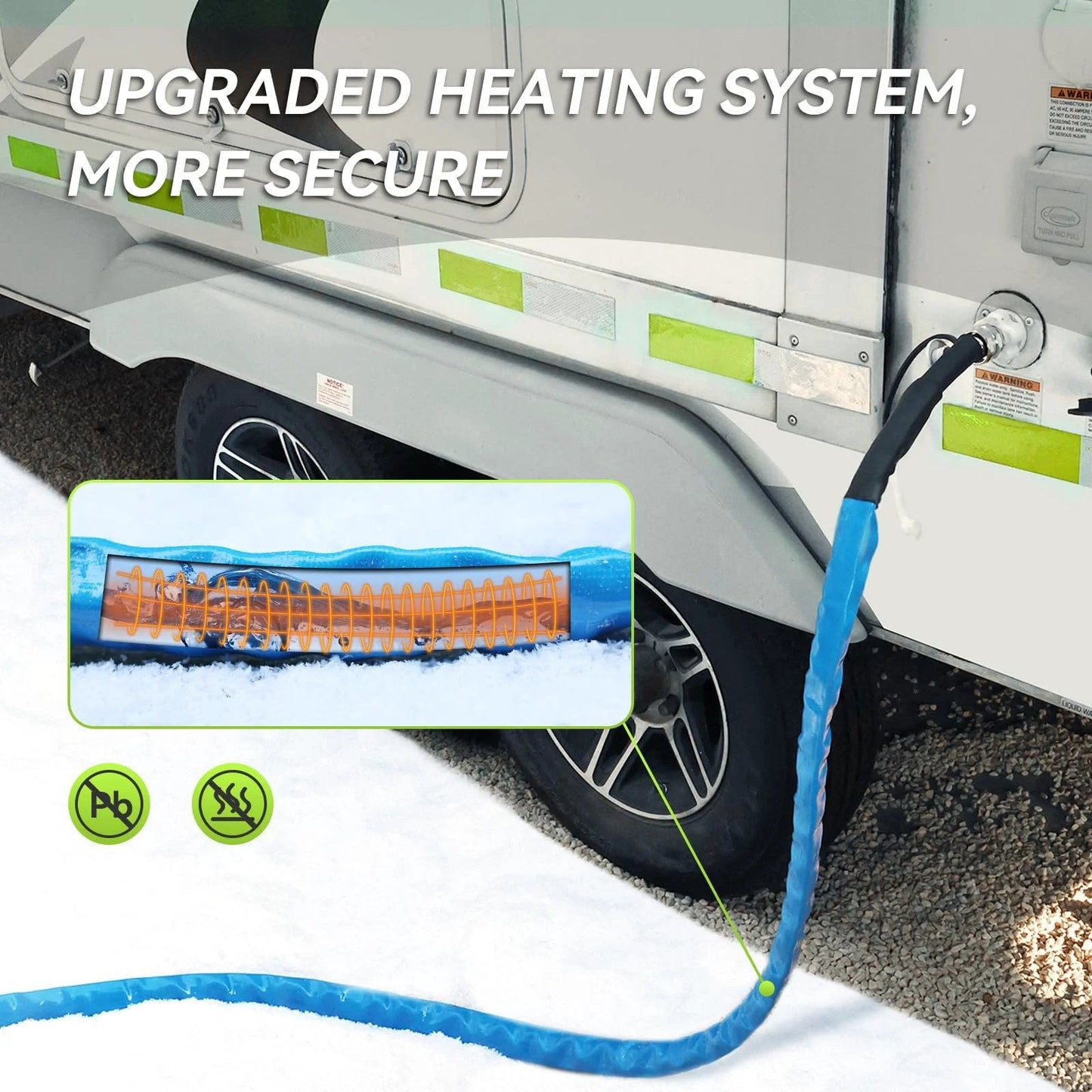 Heated Water Hose For RV 35Ft With Freeze Protection To Minus 20 Fahrenheit Energy Saving Thermostat And UL Listed Cable Ideal For RV Camper Garden Home Winter Use connected to an RV demonstrating its installation.