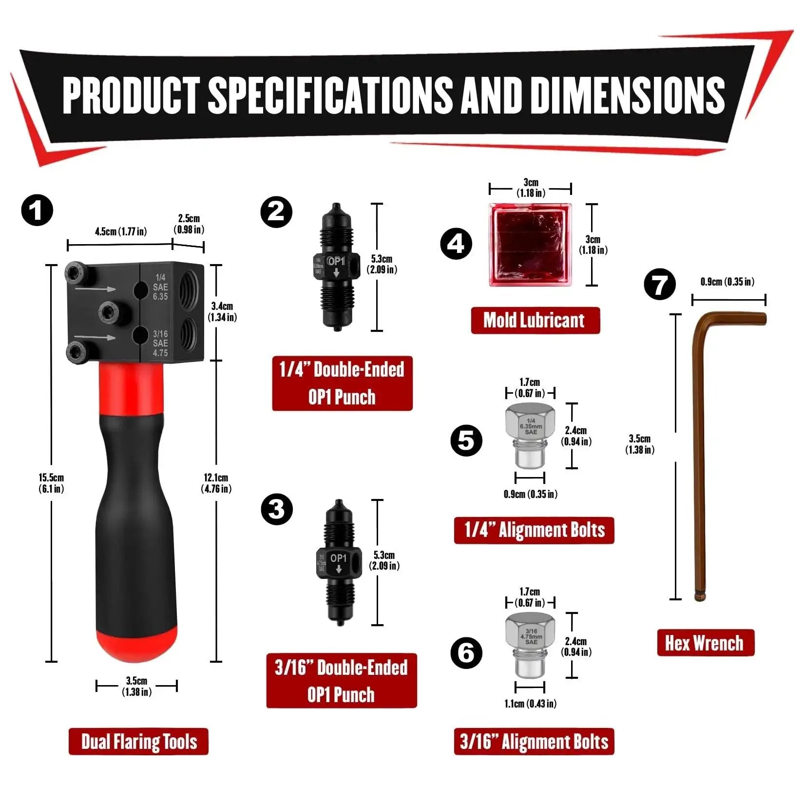 Brake Line Flaring Kit 7 Pcs For 1/4 And 3/16 Inch Copper Aluminum SAE with dual flaring tools, punches, and lubricant.