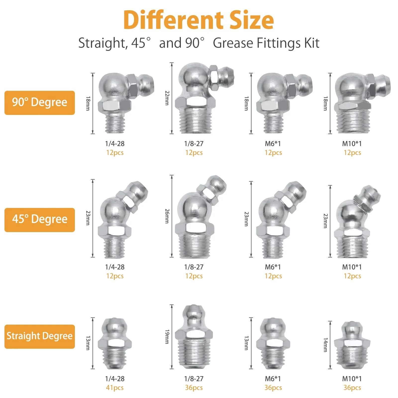 Grease Fittings Kit With Caps Pro Grade SAE And Metric Zerk All In One Assortment 490 Pieces in Straight, 45°, 90° Zerks
