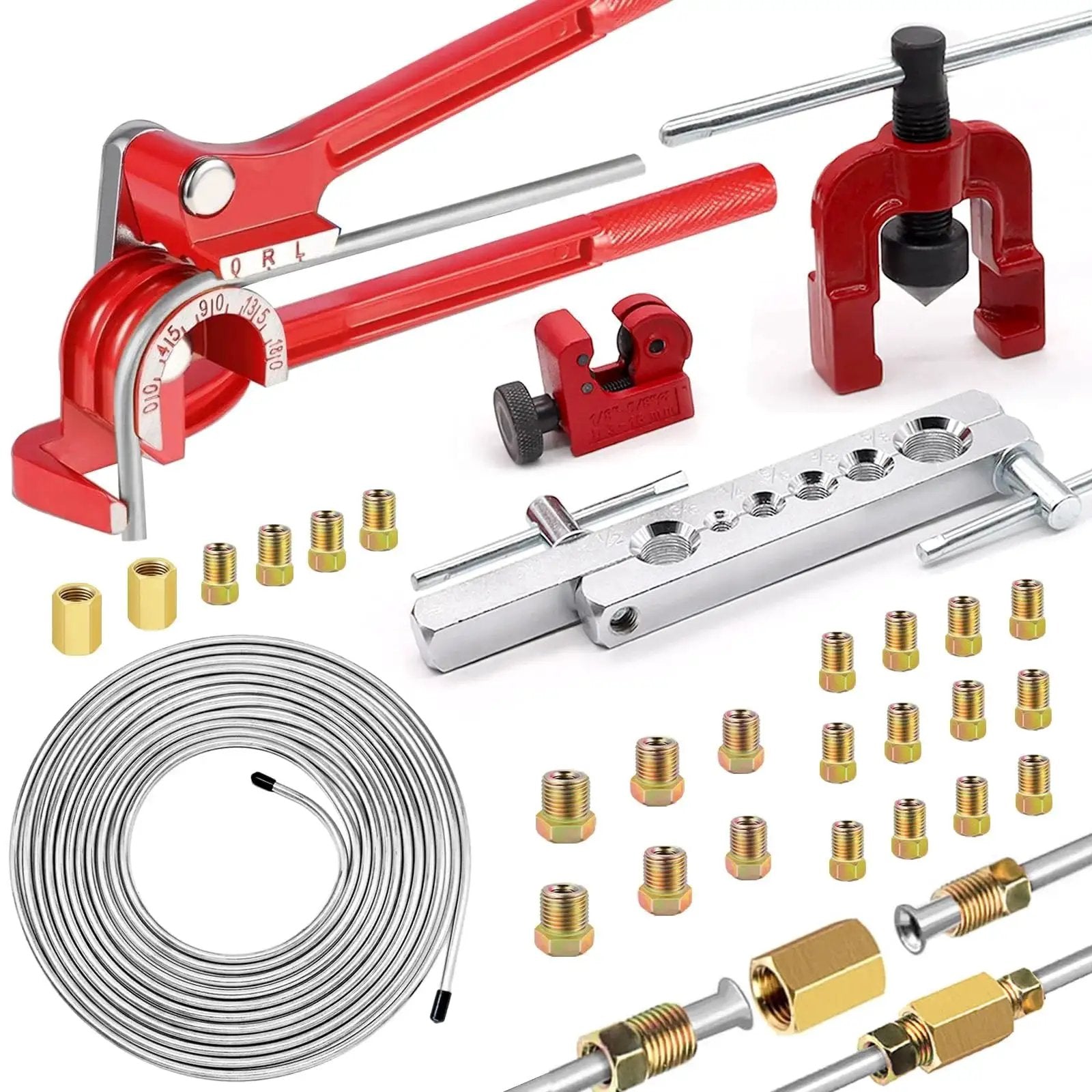 3/16 Inch Brake Line Kit 25 Ft Zinc Plated Fittings, Bender, Flare Tool Cutter with metal tubing and fittings visible