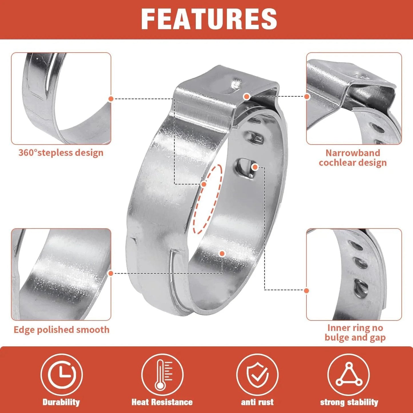 Features of 360 Pcs 16 Sizes Single Ear Hose Clamps 5.3 To 36.1 Mm Stainless Steel 304 Corrosion Resistant Crimp Clamps