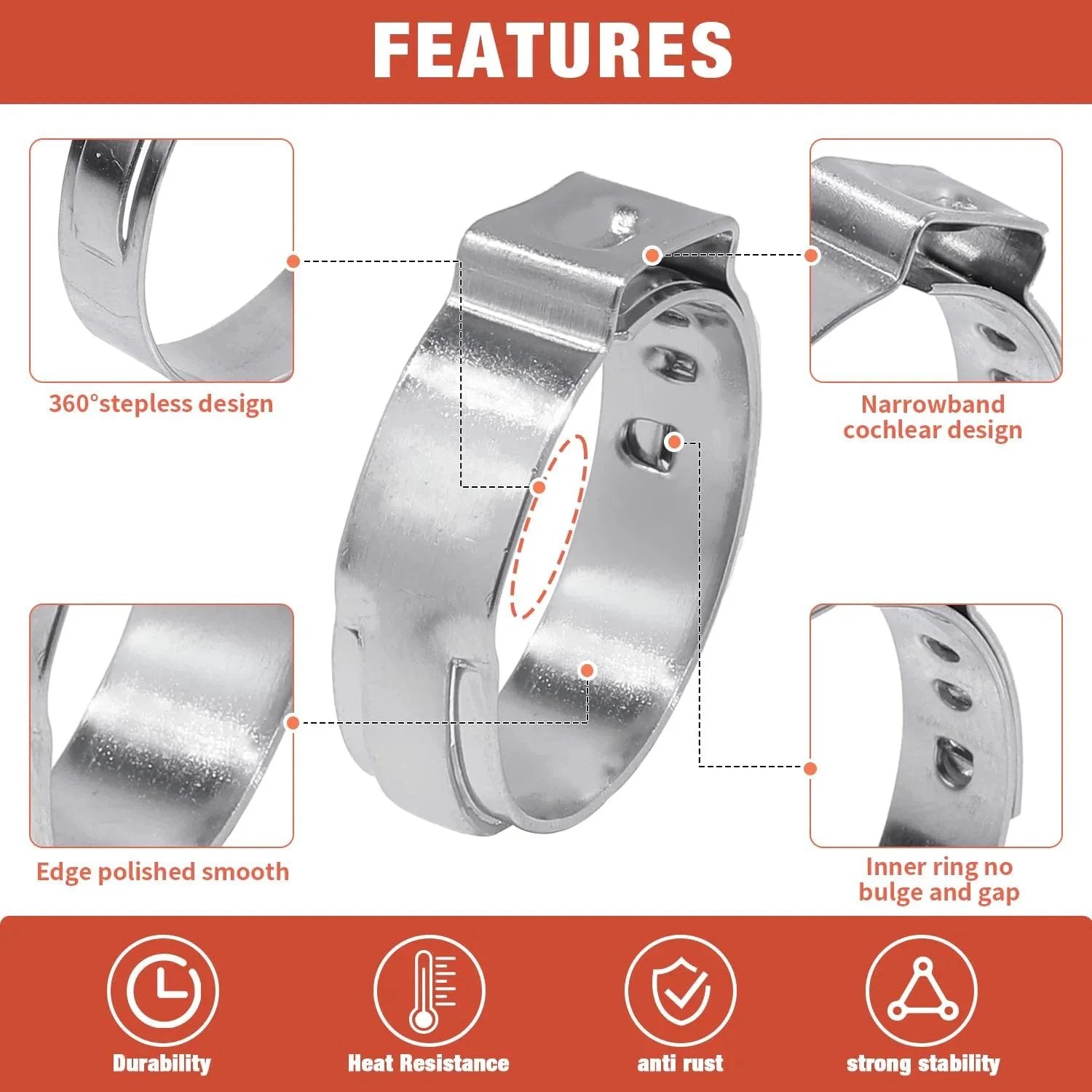 Features of 360 Pcs 16 Sizes Single Ear Hose Clamps 5.3 To 36.1 Mm Stainless Steel 304 Corrosion Resistant Crimp Clamps