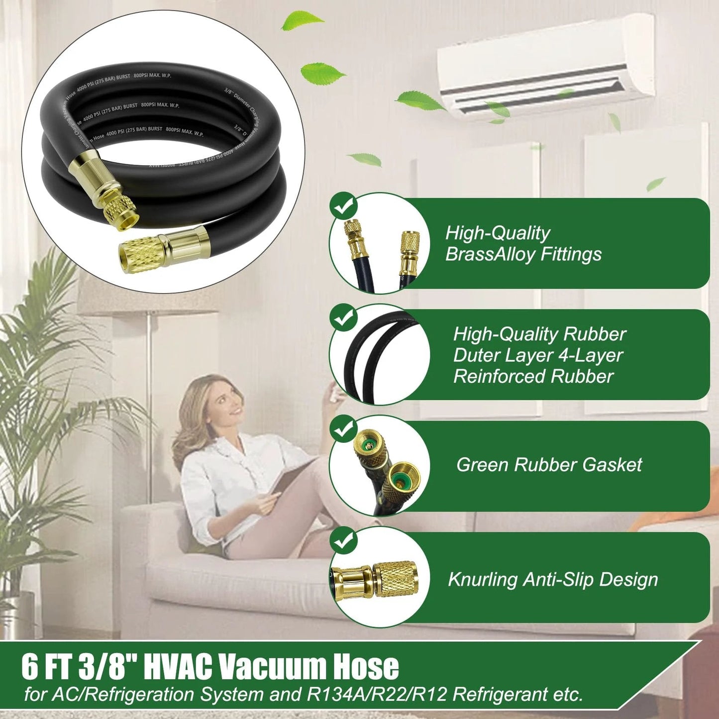 HVAC Vacuum Hose Six Foot Length With Three Eighths Inch Internal Diameter And Three Eighths To Quarter Inch Fittings