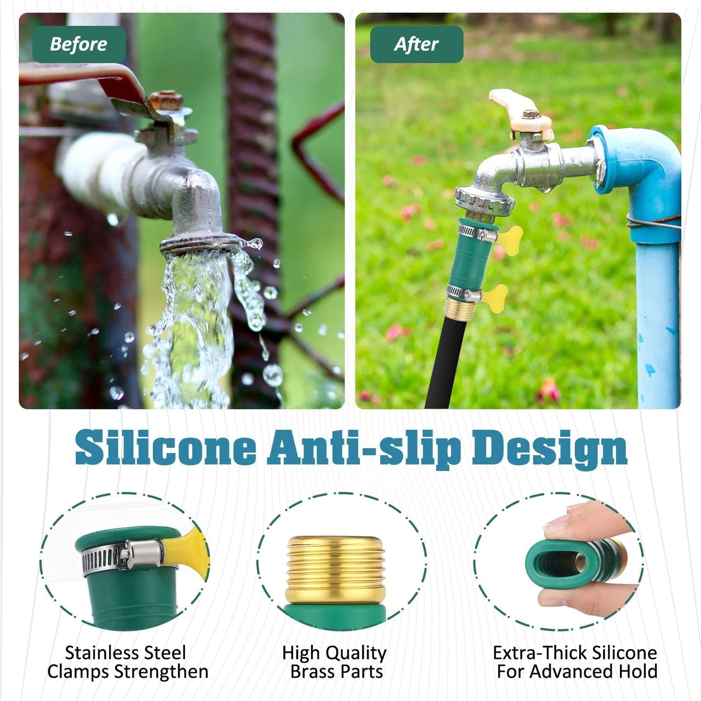 Image showing before and after of a faucet using the Universal Faucet Water Hose Adapter Kit With Clamps For Three Quarter Inch Thickened RV Sink Hose Attachment Connector For Damaged Or Stripped Faucet Threads Or Threadless Brass Head Adapter Stainless Clips Reinforcement Tape By Innconee with silicone anti-slip design.