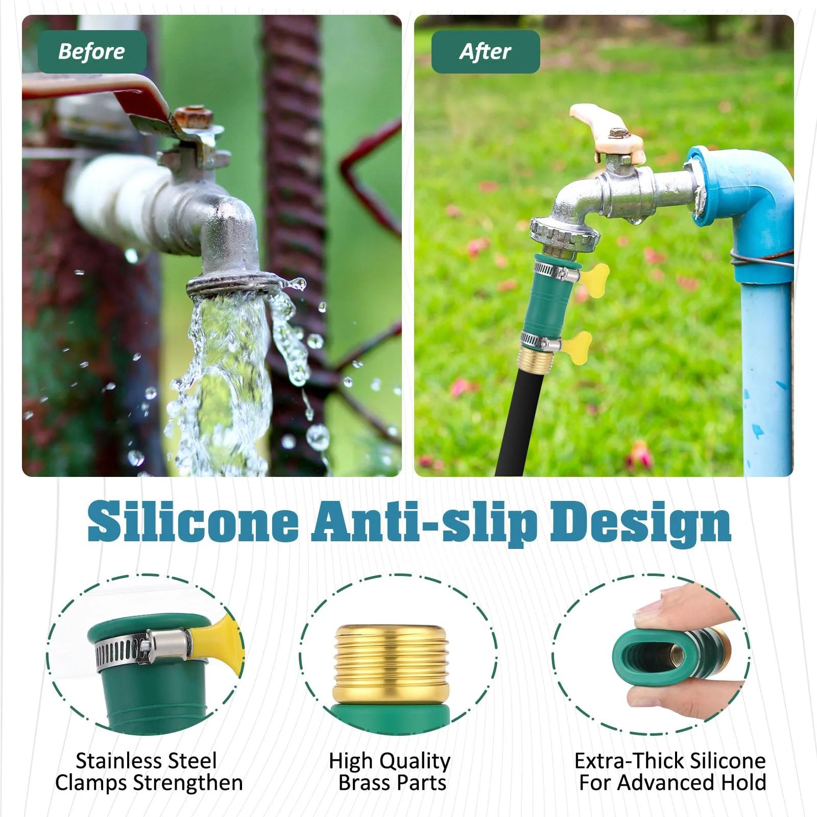 Image showing before and after of a faucet using the Universal Faucet Water Hose Adapter Kit With Clamps For Three Quarter Inch Thickened RV Sink Hose Attachment Connector For Damaged Or Stripped Faucet Threads Or Threadless Brass Head Adapter Stainless Clips Reinforcement Tape By Innconee with silicone anti-slip design.
