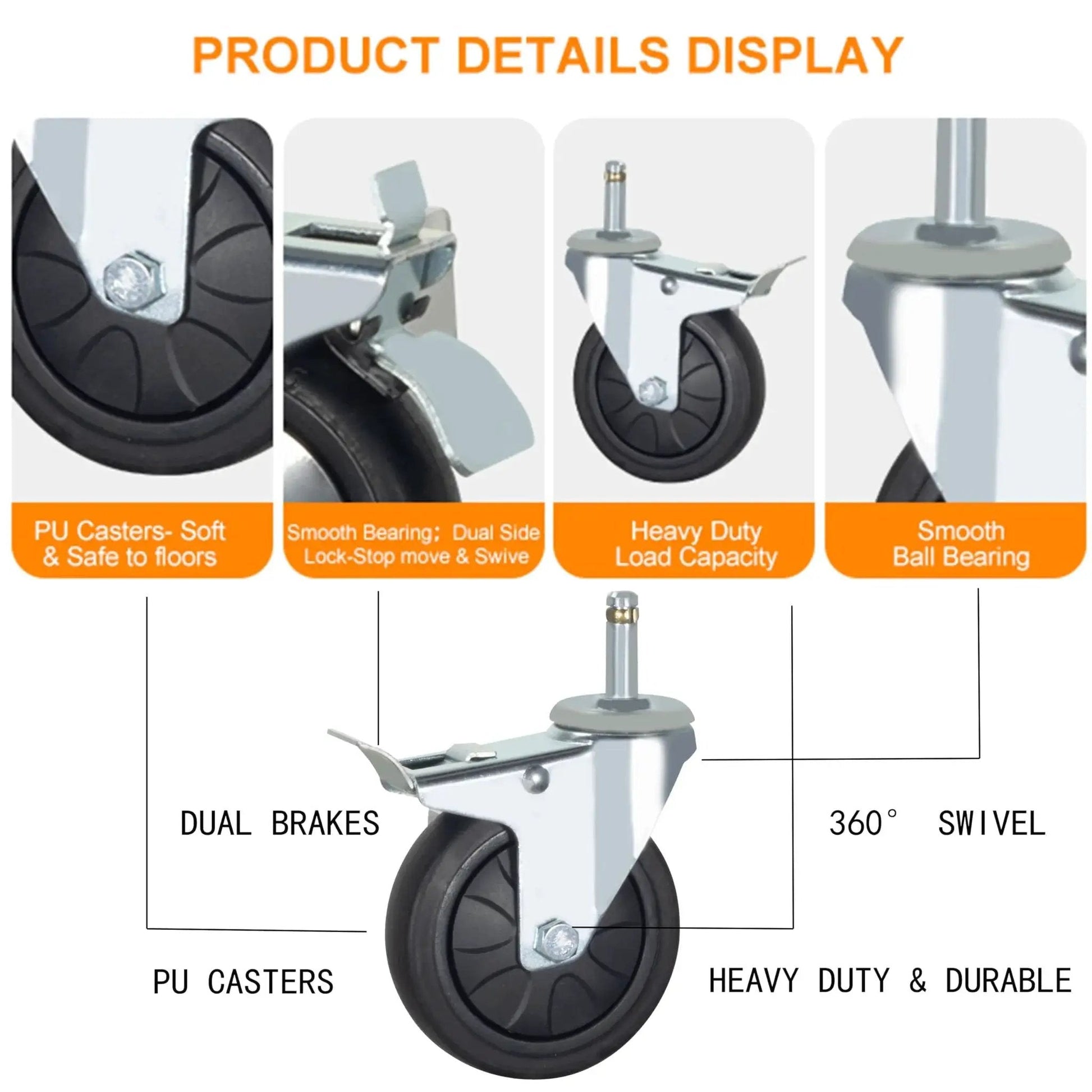 Stem Caster Wheels With Brakes, Swivel TPR Casters Set Of Four, Seven Sixteenths By One And Three Eighths Inch Stem
