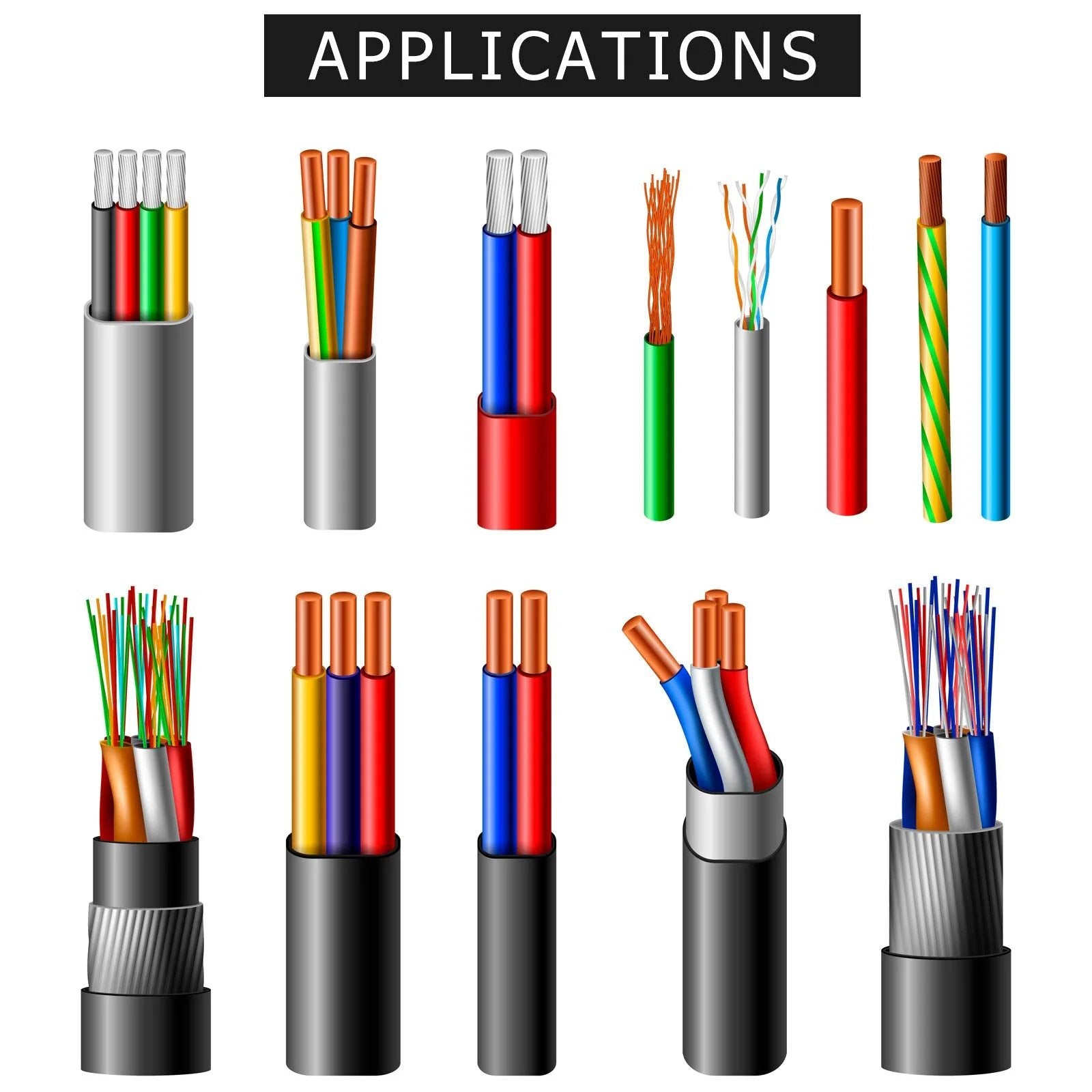 Various types of electrical cables and wires for different applications shown in rows and columns, labeled 'Applications'.