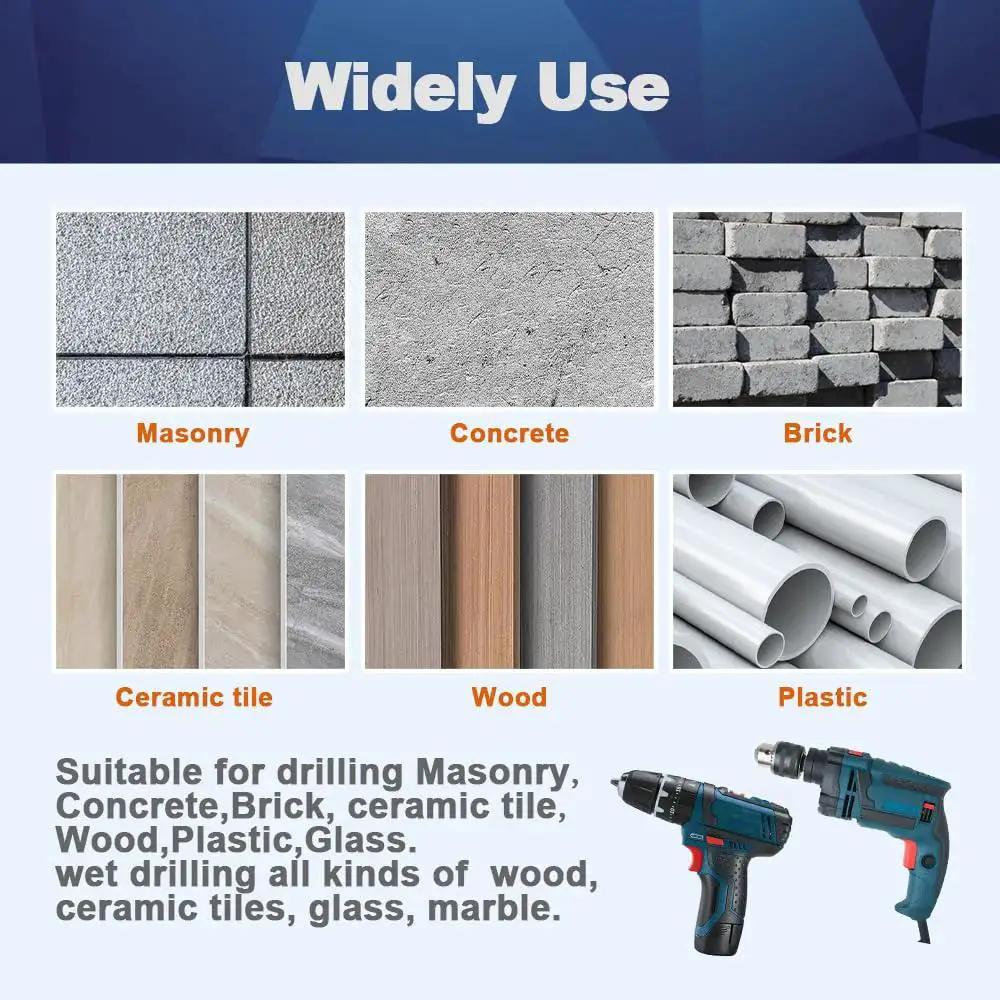 Image showcasing materials suitable for the 10 Piece Hex Shank Concrete Drill Bit Set, including masonry, concrete, brick, ceramic tile, wood, and plastic.