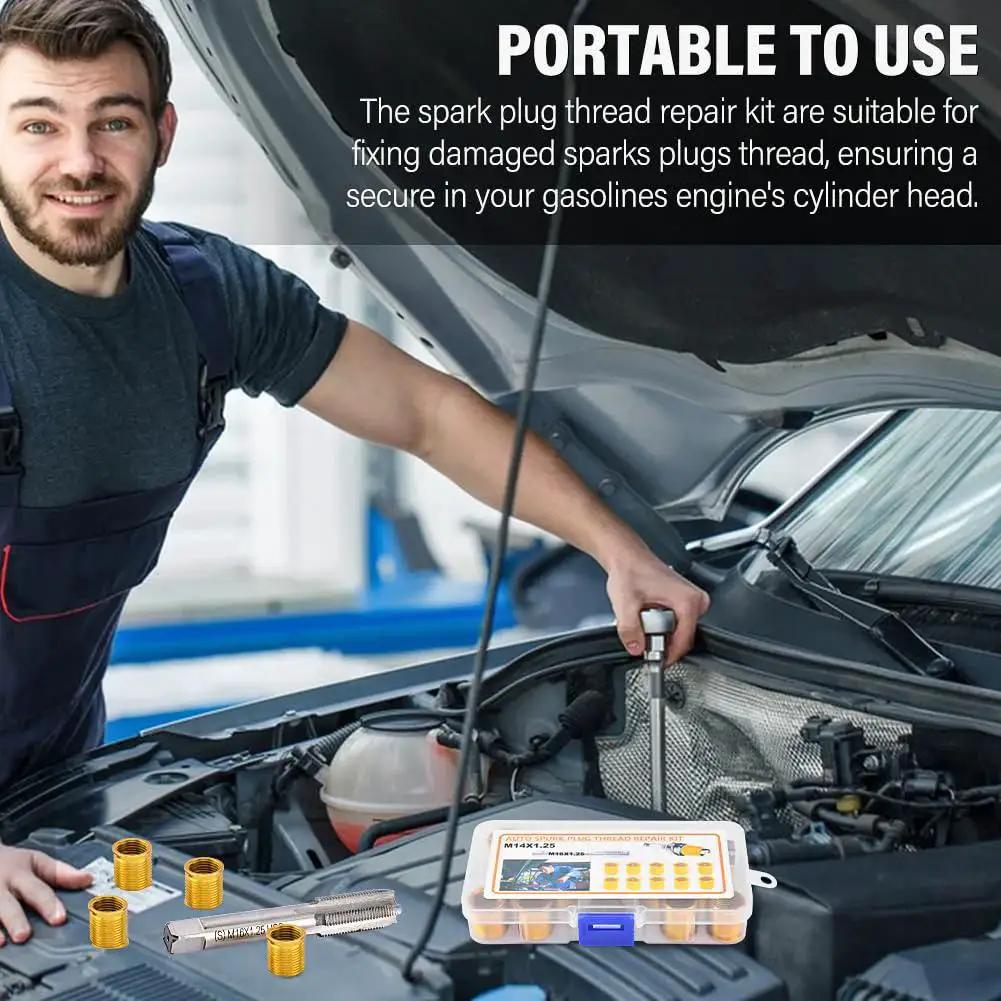 Mechanic using Spark Plug Thread Repair Kit With 10 Inserts And Tap For M14x1.25 on car engine