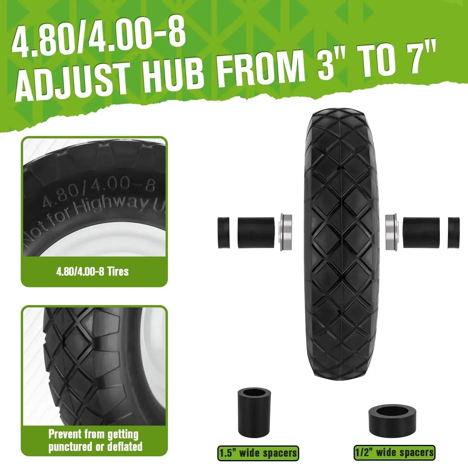 4.80 4.00 8 Flat Free Wheel And Tire For Wheelbarrows 16 Inch Solid Wheel Heavy Duty with hub spacers shown