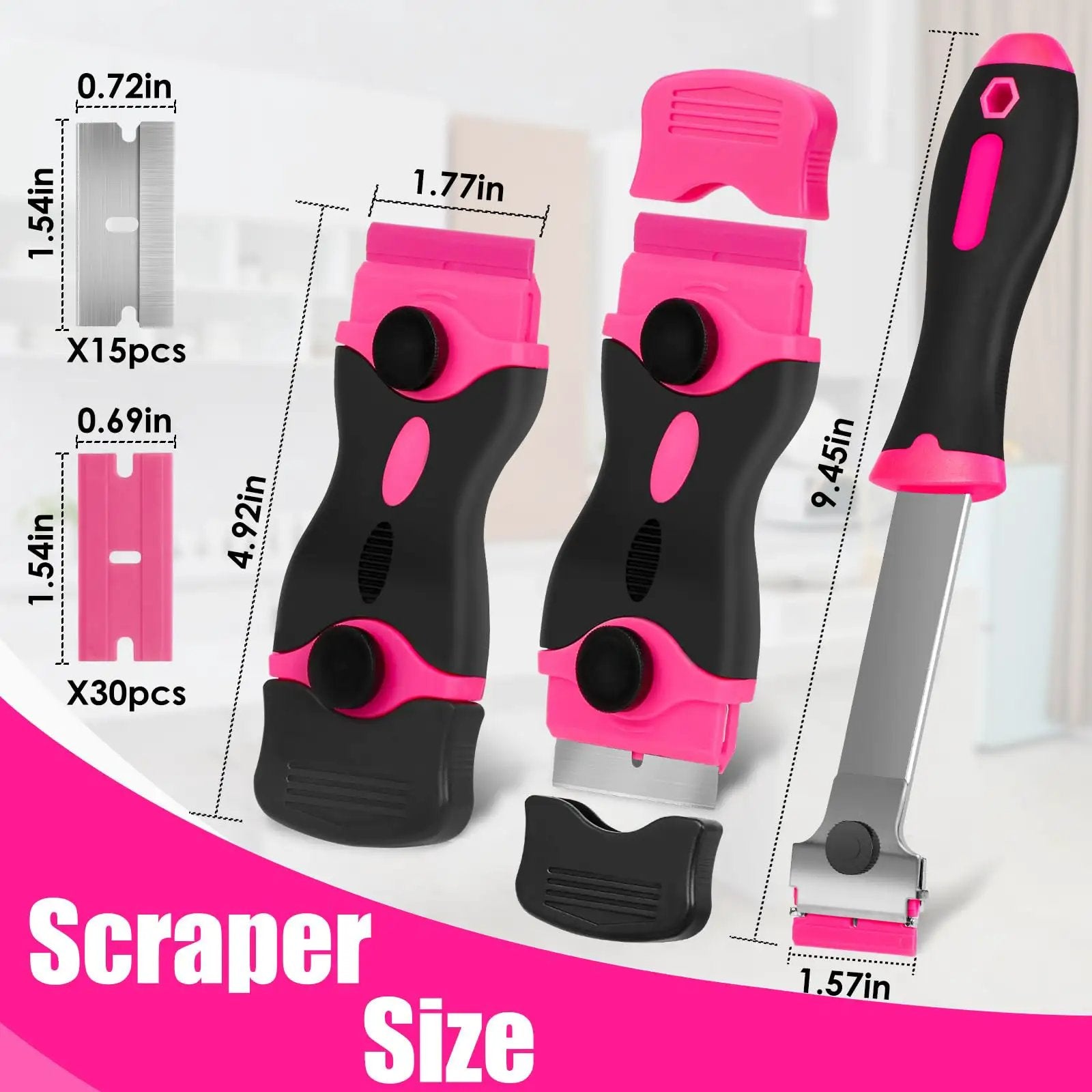 Pink Razor Scraper Kit With 3 Scrapers And 45 Replacement Blades Including 15 Metal And 30 Plastic Blades for cleaning