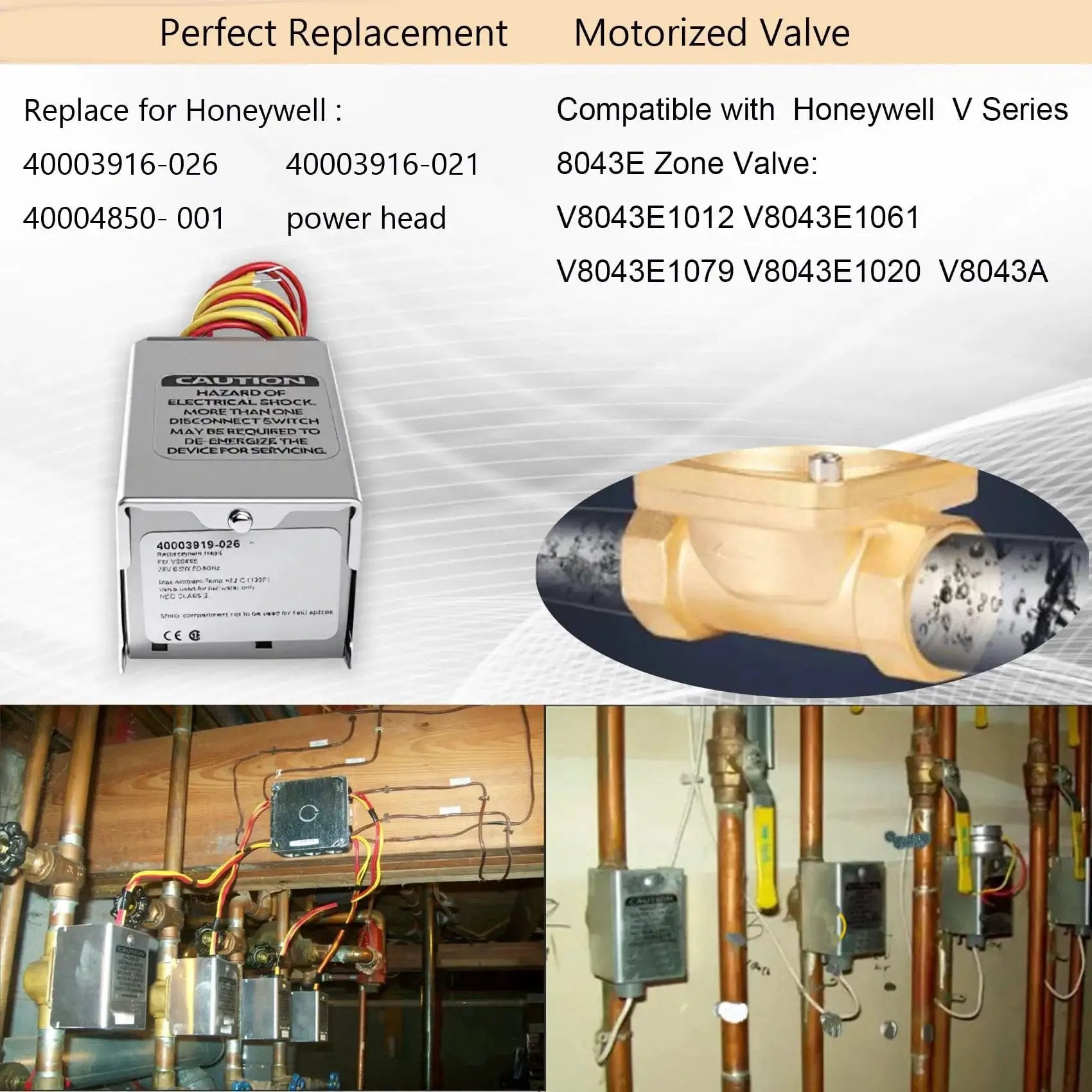 Zone Valve Replacement Head For Honeywell Compatible 40003916026 40003916021 40004850001 24V AC shown with installation guide.