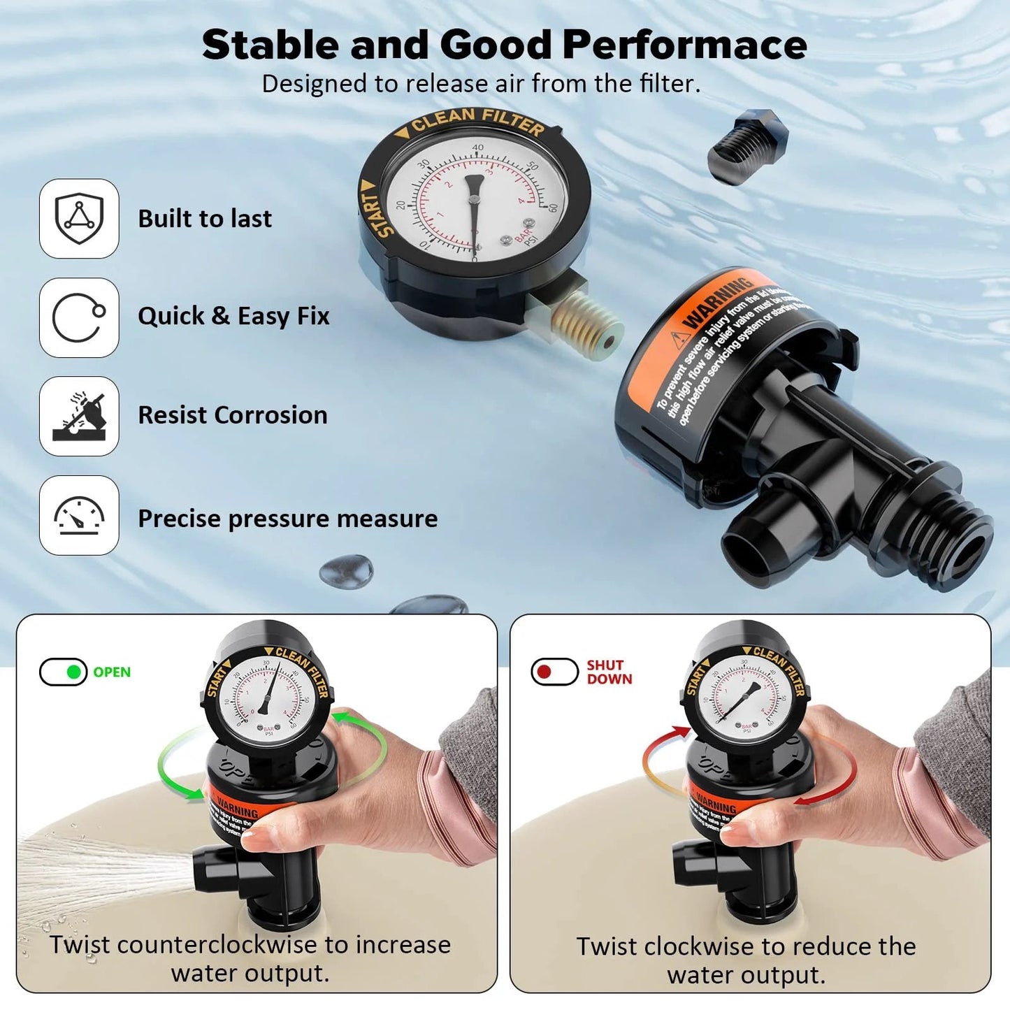 High Flow Manual Air Relief Valve For Pool And Spa Filters With Pressure Gauge, showing pressure gauge and installation use.