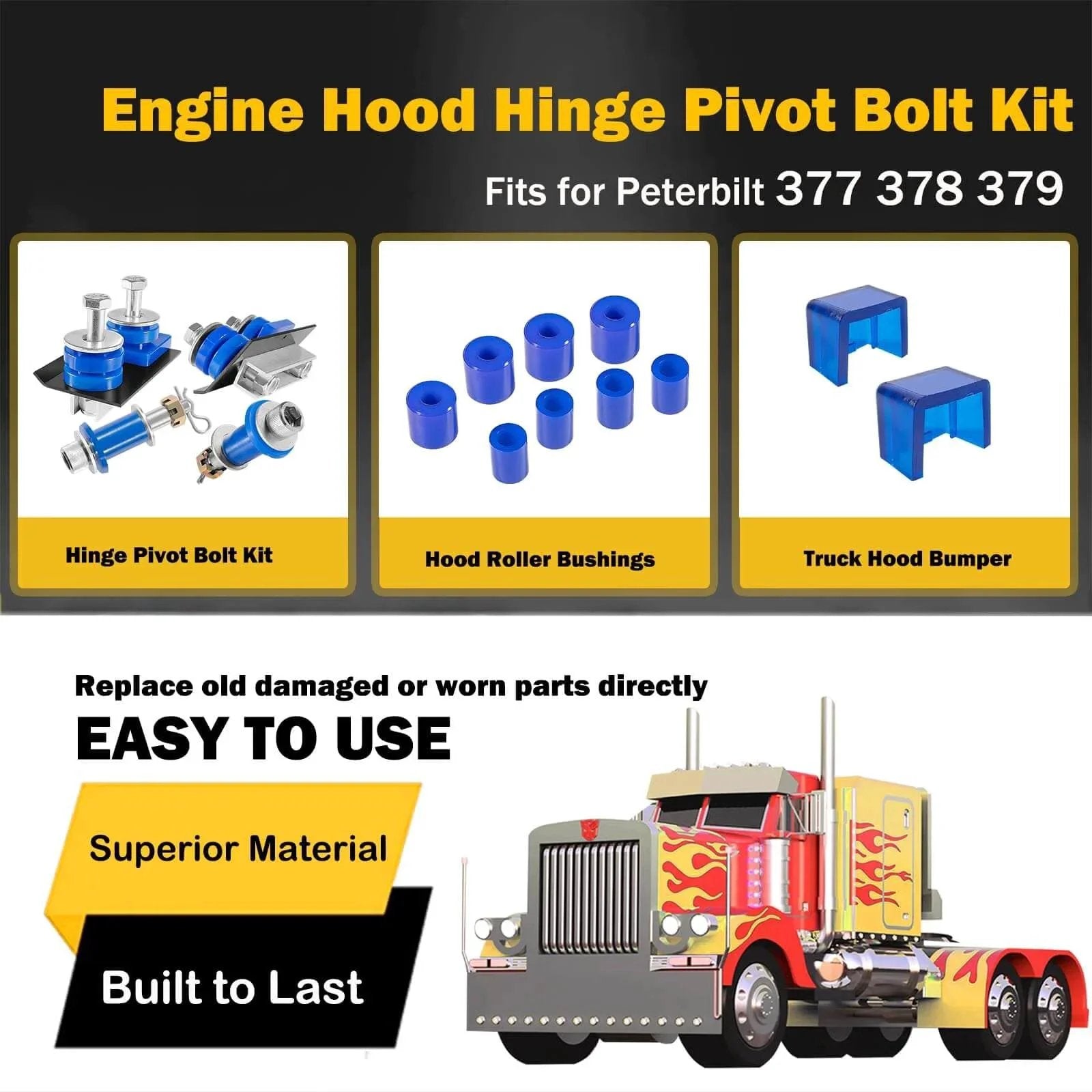 Engine Hood Hinge Pivot Bolt Kit With Truck Hood Bumper And Hood Roller Bushings For 357 377 378 379 Models Replaces 13 04154 13 04164
