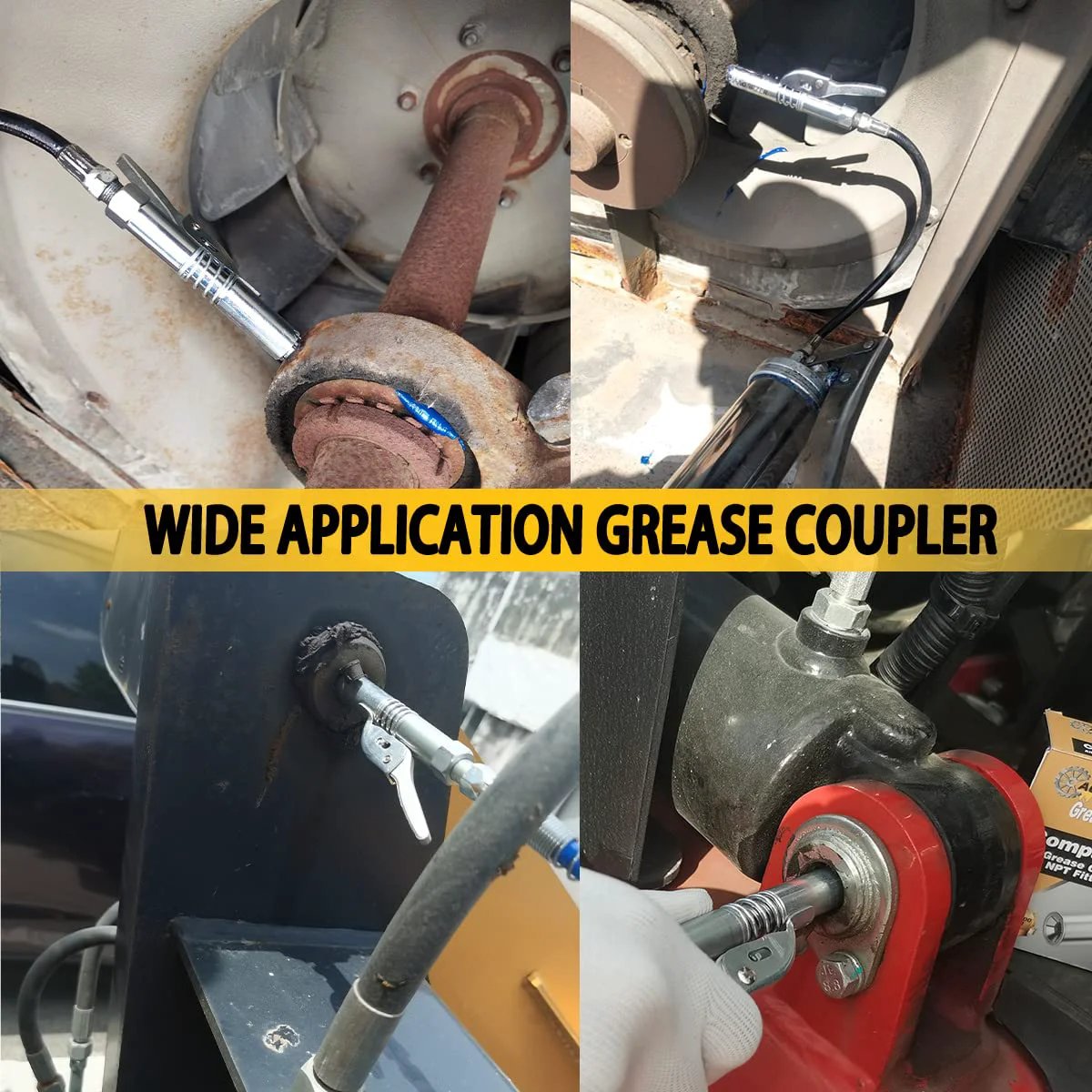 Upgrade 2 Pack Lock On Grease Gun Couplers for Twelve Thousand PSI High Pressure Quick Release with Six Jaw Design shown in use