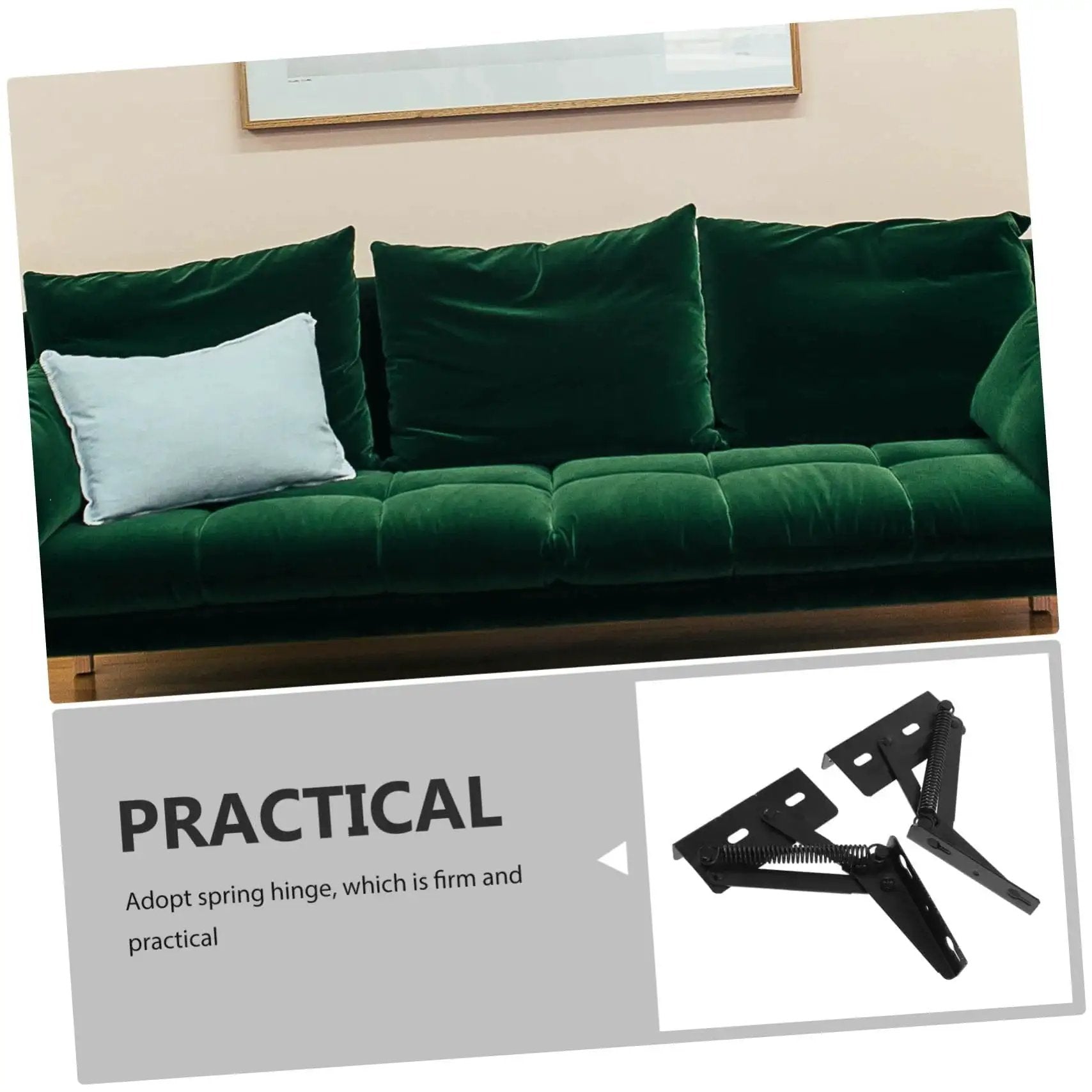 Folding Sofa Hinge Kit With Spring Loaded Storage Brackets For Cabinets And Furniture, shown in living room setup.