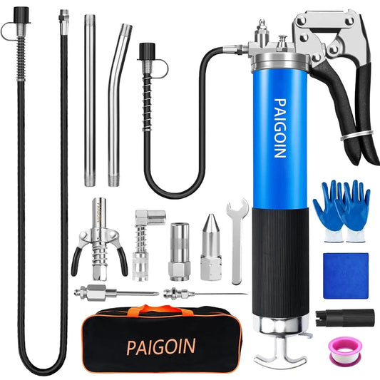 All In One Built Tough Heavy Duty 8000 PSI Pistol Grip Grease Gun Kit with 14 oz Cartridge, 19 and 28 inch Spring Flex Hoses