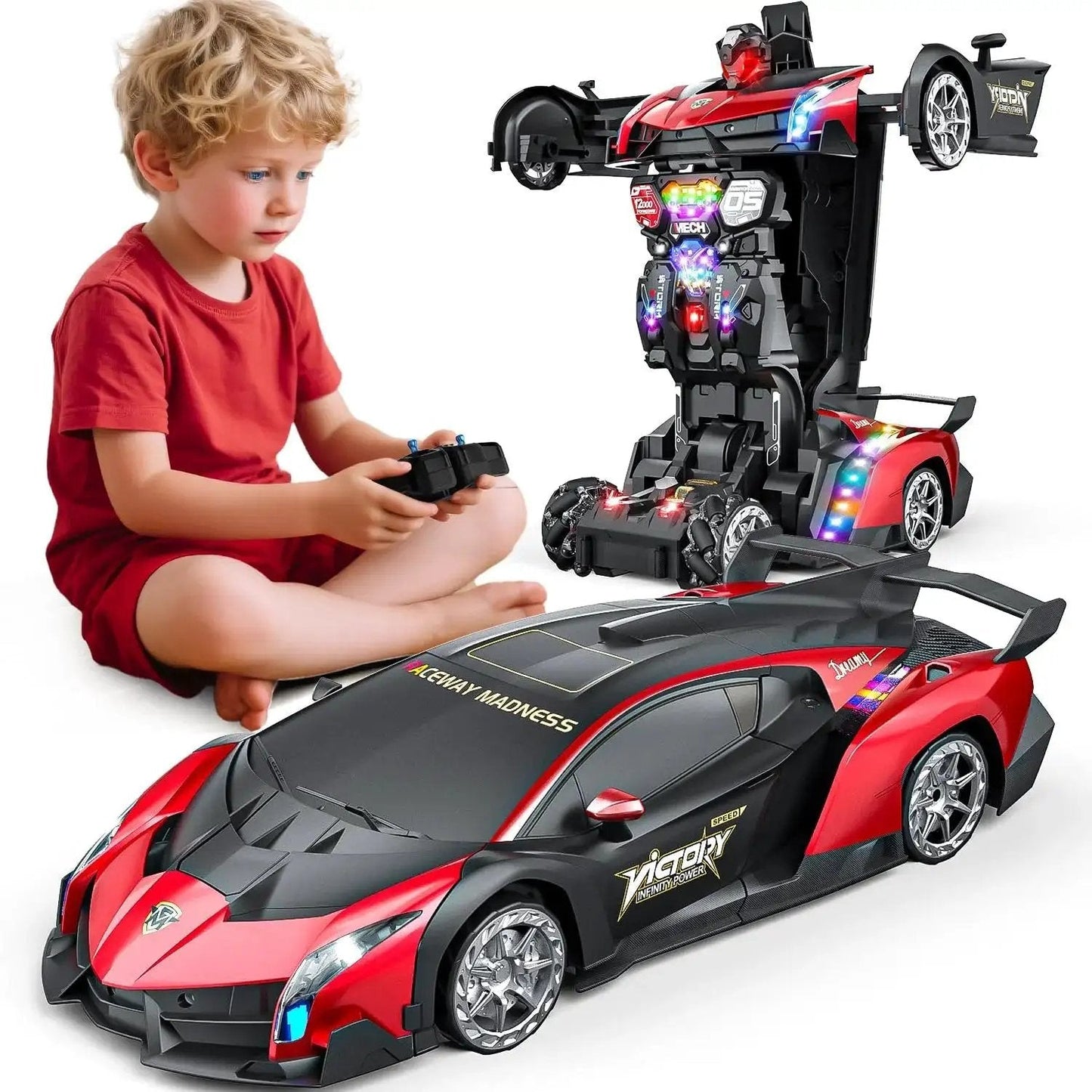 Child playing with 1:10 Scale Transforming RC Car And Robot With Gesture Control, showcasing car and robot modes with LED lights.